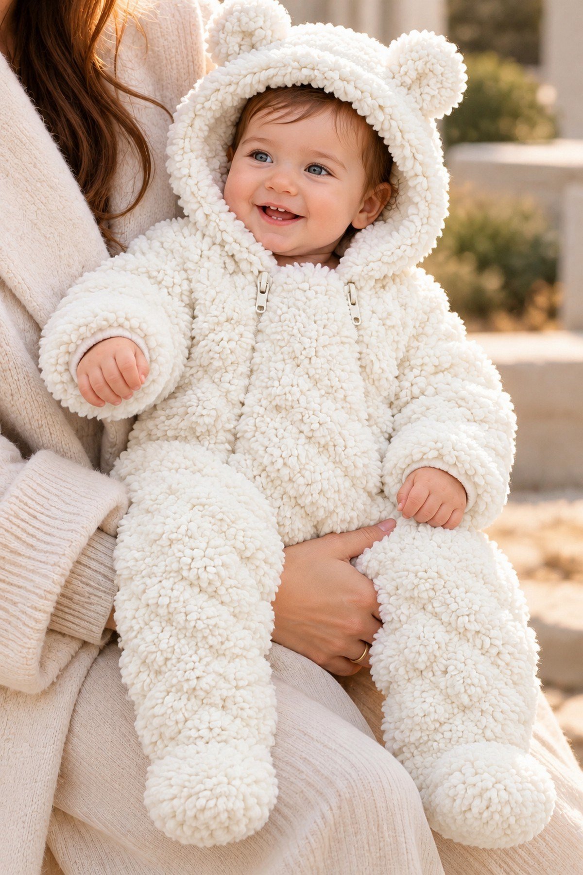 Bebek Tulum Peluş Welsoft Çift Fermuarlı İçi Astarlı Kapüşonlu Ayıcık Kulaklı Patikli Kız Erkek Unısex 0-12ay