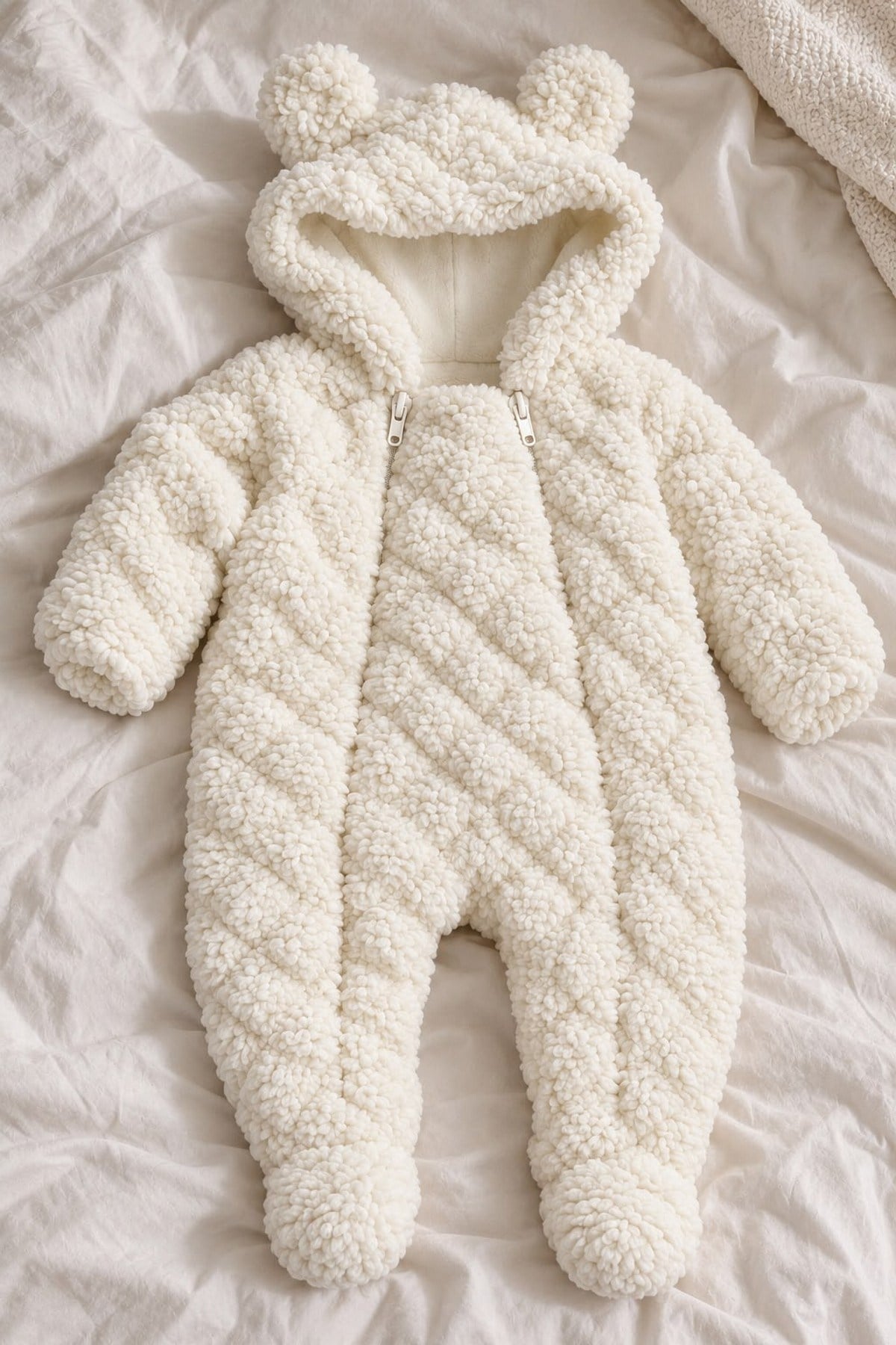Bebek Tulum Peluş Welsoft Çift Fermuarlı İçi Astarlı Kapüşonlu Ayıcık Kulaklı Patikli Kız Erkek Unısex 0-12ay