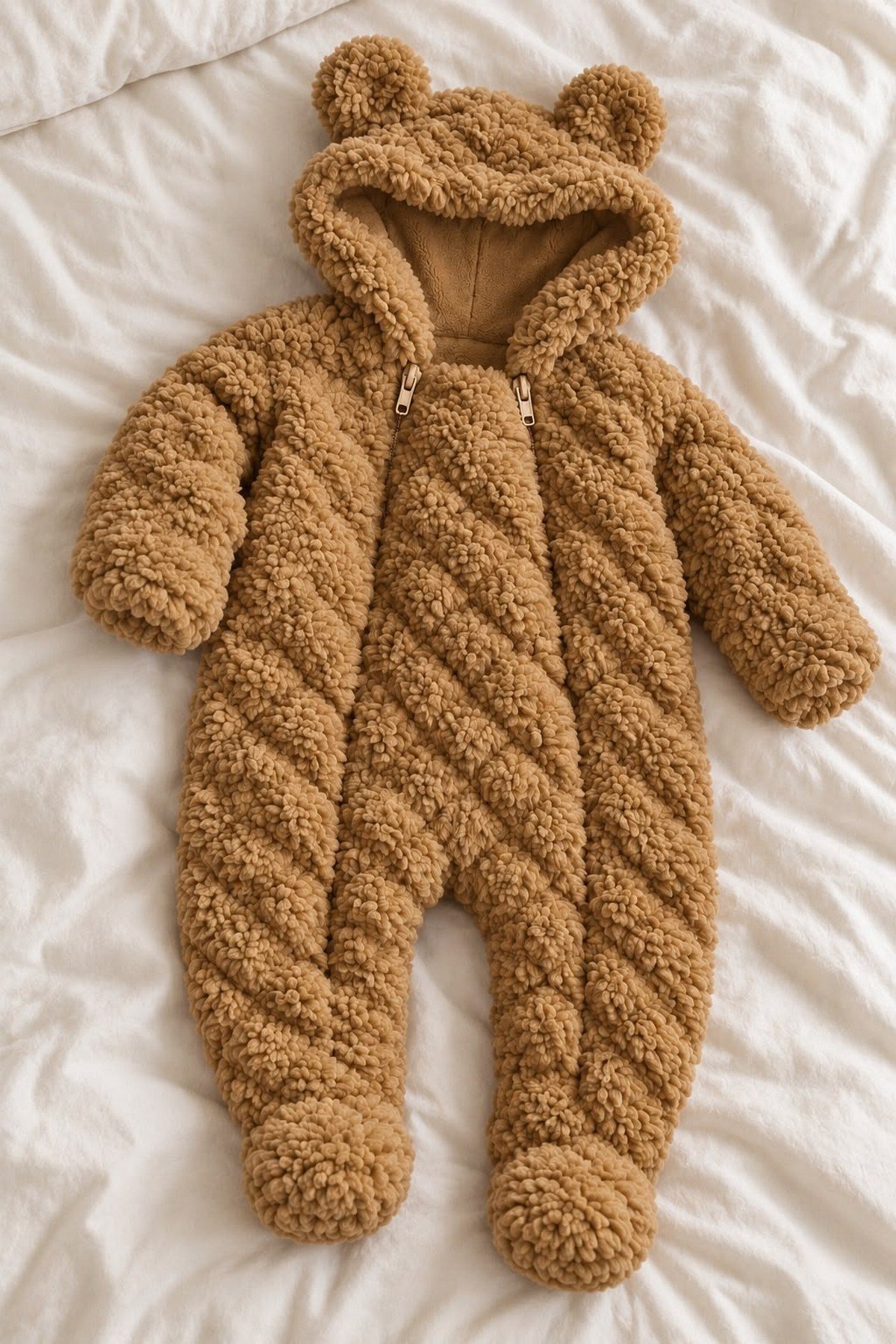 Bebek Tulum Peluş Welsoft Çift Fermuarlı İçi Astarlı Kapüşonlu Ayıcık Kulaklı Patikli Kız Erkek Unısex 0-12ay