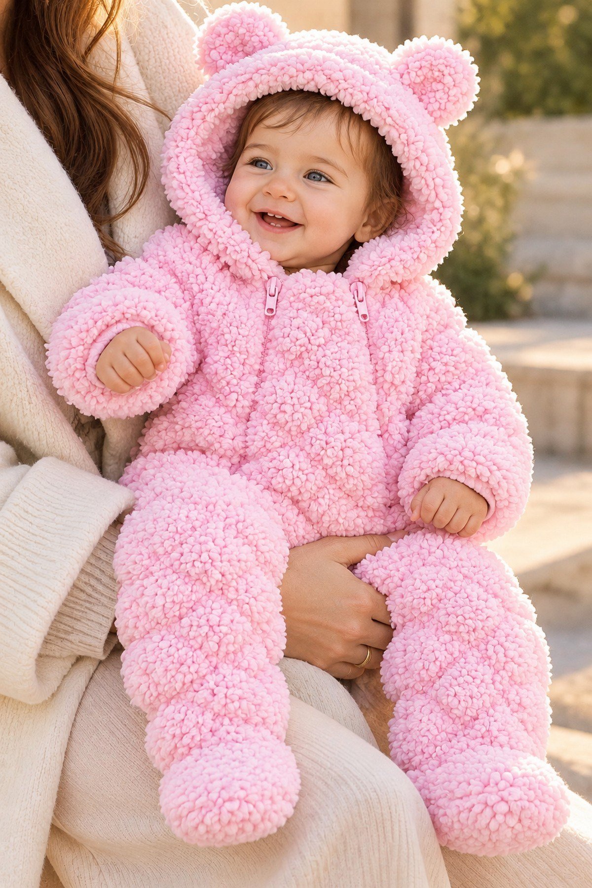 Bebek Tulum Peluş Welsoft Çift Fermuarlı İçi Astarlı Kapüşonlu Ayıcık Kulaklı Patikli Kız Erkek Unısex 0-12ay