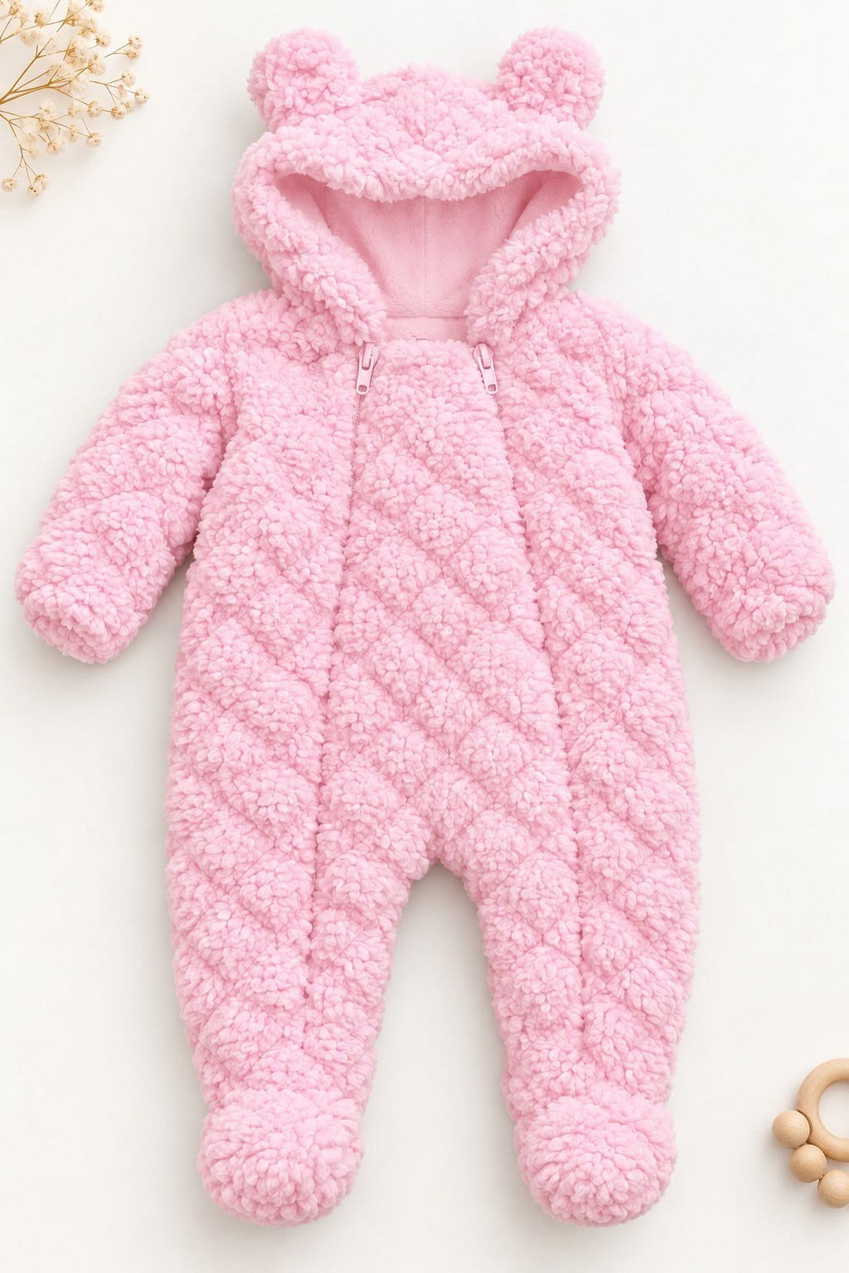 Bebek Tulum Peluş Welsoft Çift Fermuarlı İçi Astarlı Kapüşonlu Ayıcık Kulaklı Patikli Kız Erkek Unısex 0-12ay