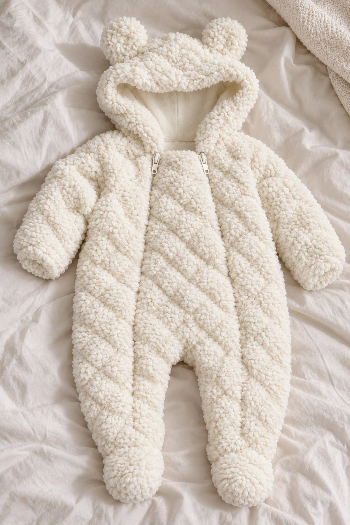 Bebek Tulum Peluş Welsoft Çift Fermuarlı İçi Astarlı Kapüşonlu Ayıcık Kulaklı Patikli Kız Erkek Unısex 0-12ay