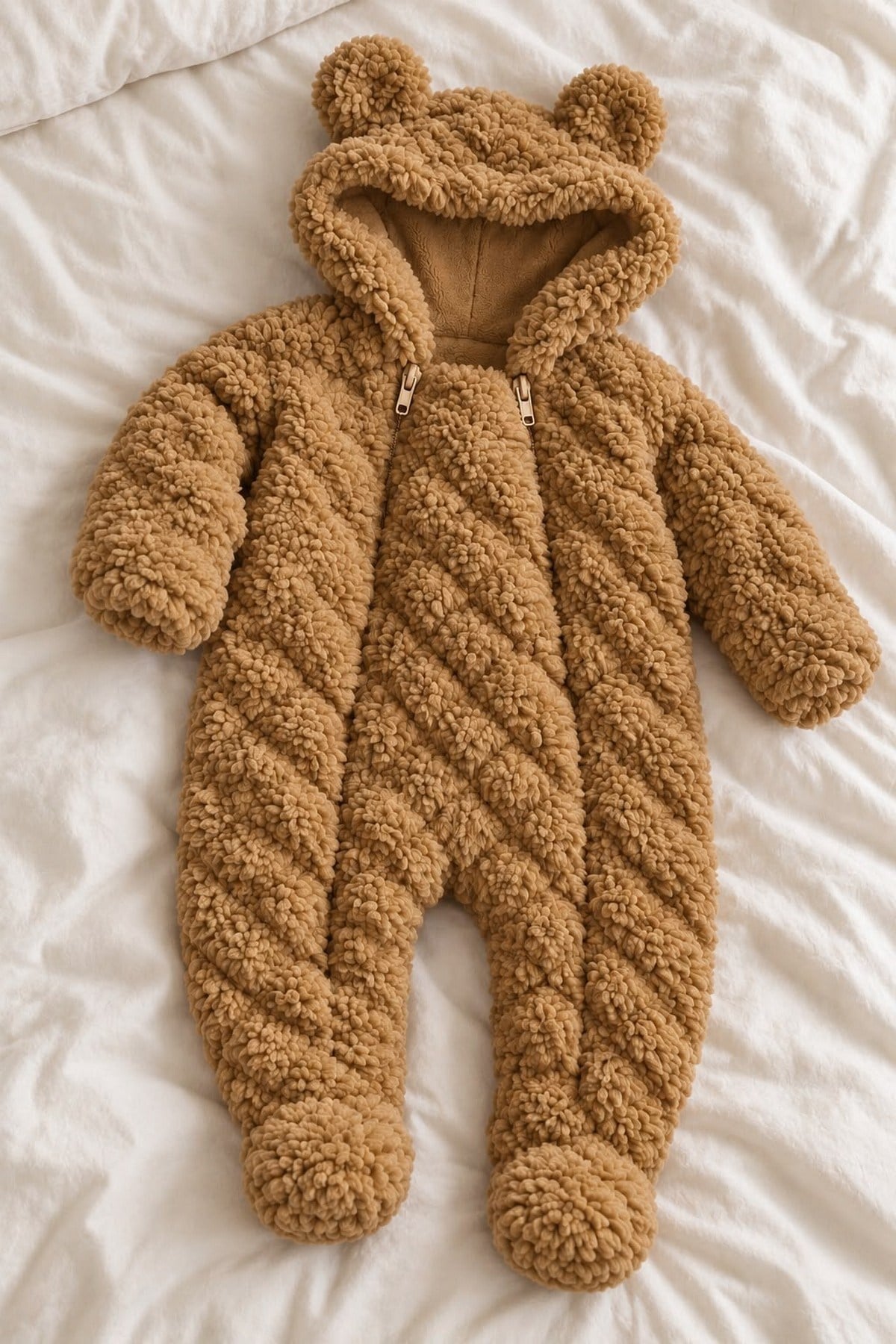 Bebek Tulum Peluş Welsoft Çift Fermuarlı İçi Astarlı Kapüşonlu Ayıcık Kulaklı Patikli Kız Erkek Unısex 0-12ay