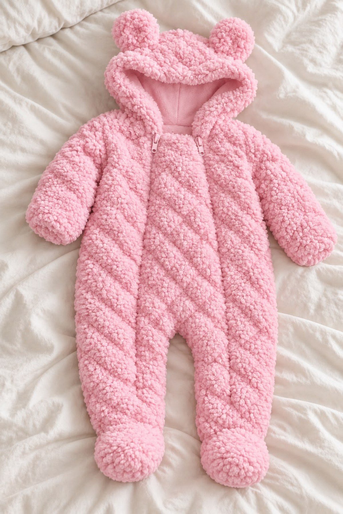 Bebek Tulum Peluş Welsoft Çift Fermuarlı İçi Astarlı Kapüşonlu Ayıcık Kulaklı Patikli Kız Erkek Unısex 0-12ay