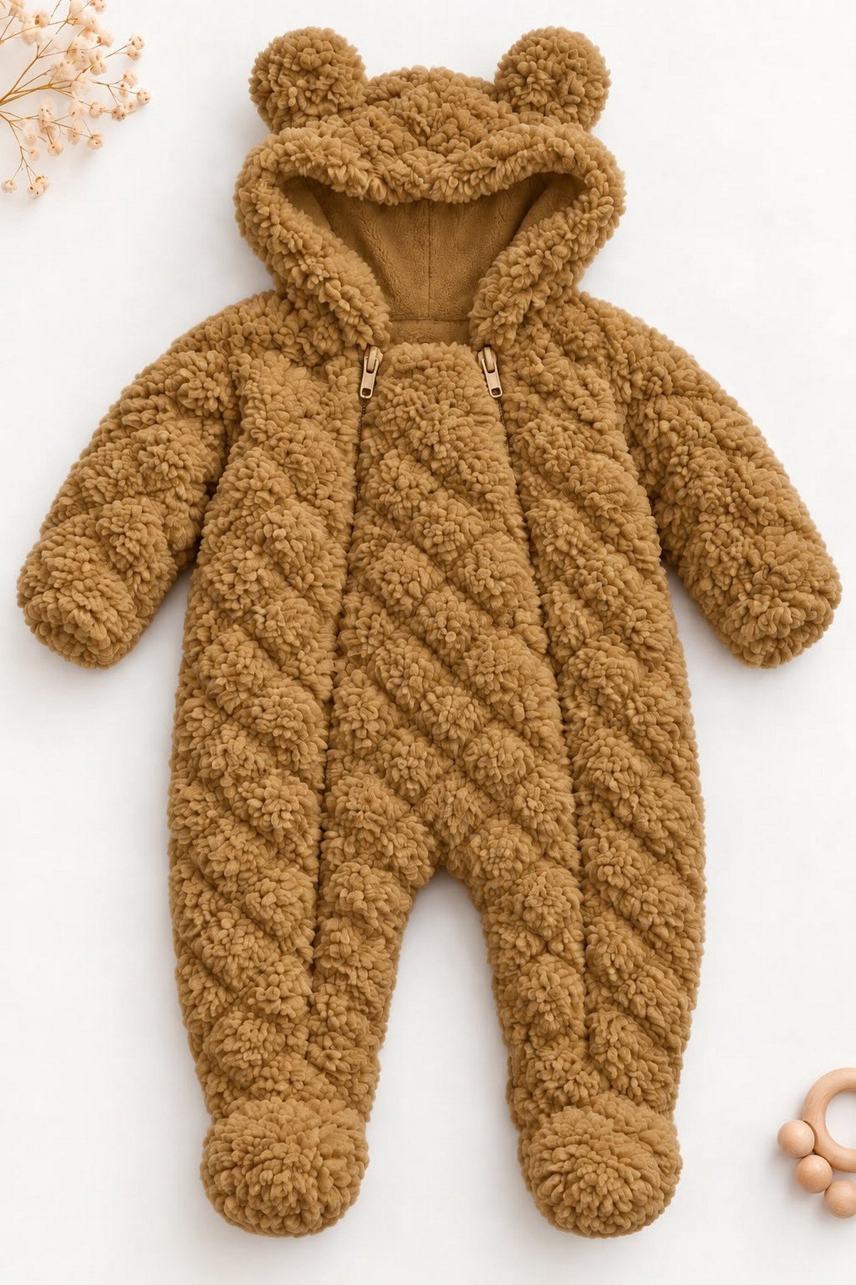 Bebek Tulum Peluş Welsoft Çift Fermuarlı İçi Astarlı Kapüşonlu Ayıcık Kulaklı Patikli Kız Erkek Unısex 0-12ay