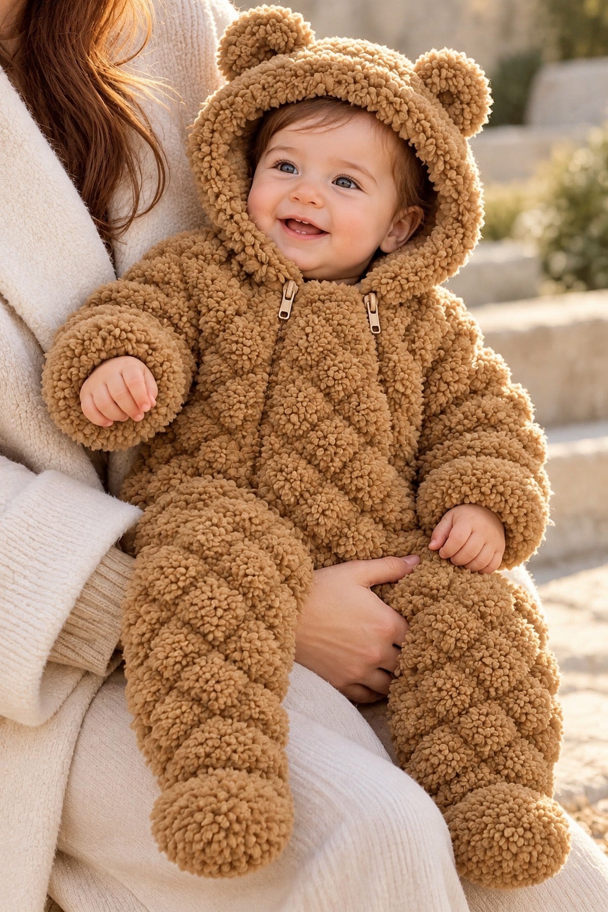 Bebek Tulum Peluş Welsoft Çift Fermuarlı İçi Astarlı Kapüşonlu Ayıcık Kulaklı Patikli Kız Erkek Unısex 0-12ay