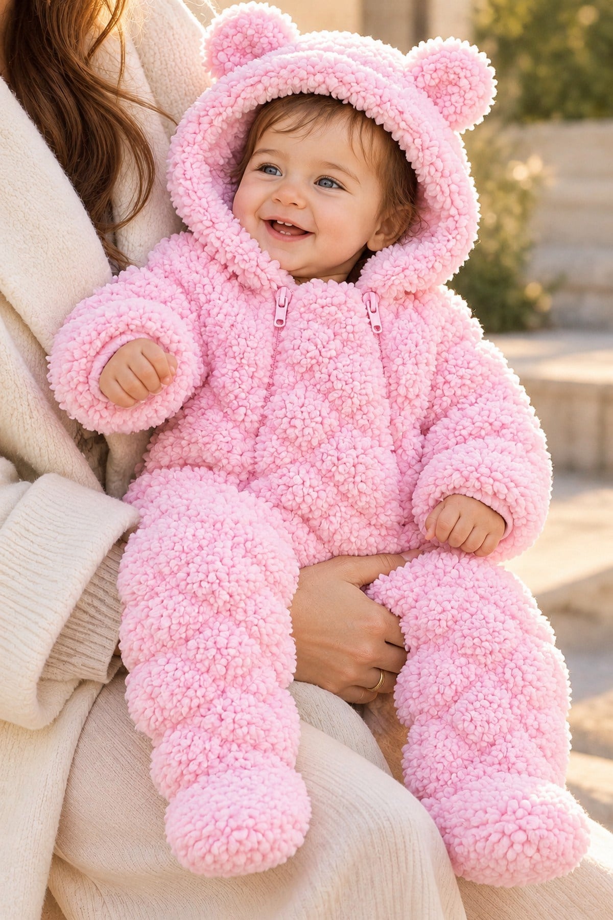 Bebek Tulum Peluş Welsoft Çift Fermuarlı İçi Astarlı Kapüşonlu Ayıcık Kulaklı Patikli Kız Erkek Unısex 0-12ay
