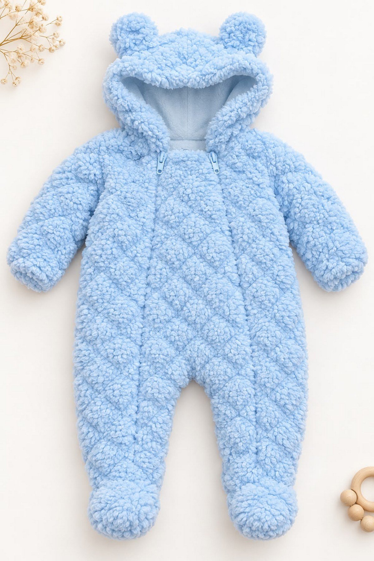 Bebek Tulum Peluş Welsoft Çift Fermuarlı İçi Astarlı Kapüşonlu Ayıcık Kulaklı Patikli Kız Erkek Unısex 0-12ay