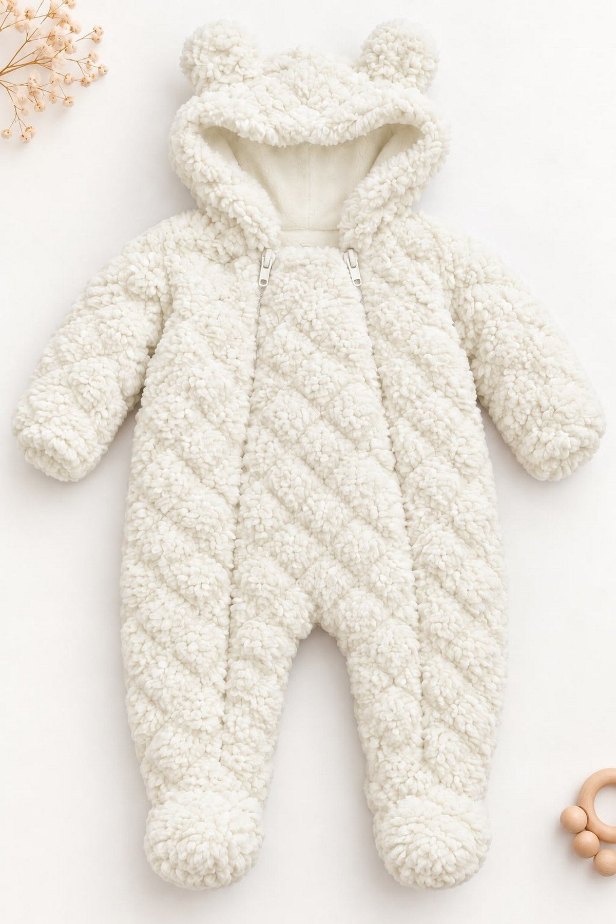 Bebek Tulum Peluş Welsoft Çift Fermuarlı İçi Astarlı Kapüşonlu Ayıcık Kulaklı Patikli Kız Erkek Unısex 0-12ay