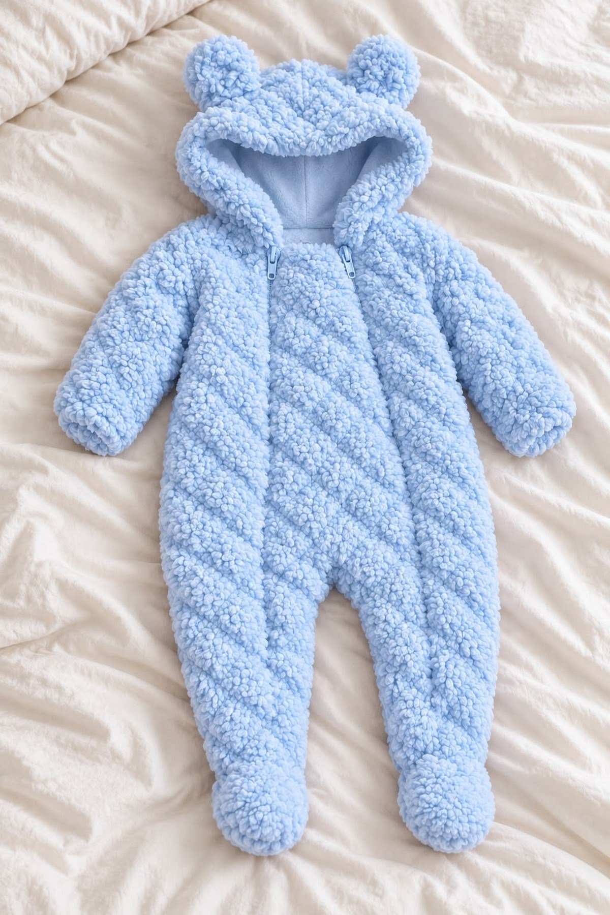 Bebek Tulum Peluş Welsoft Çift Fermuarlı İçi Astarlı Kapüşonlu Ayıcık Kulaklı Patikli Kız Erkek Unısex 0-12ay