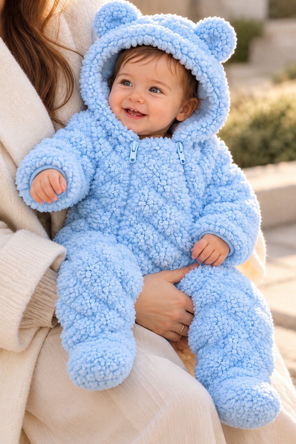 Bebek Tulum Peluş Welsoft Çift Fermuarlı İçi Astarlı Kapüşonlu Ayıcık Kulaklı Patikli Kız Erkek Unısex 0-12ay