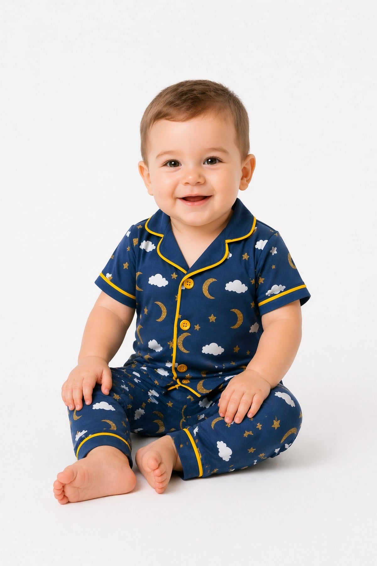 Çocuk/Bebek Unisex Parlak Ay Yıldız Bulut Desenli Kısa Kollu Pijama Takımı Yazlık 6-24aylık 3-6yaş