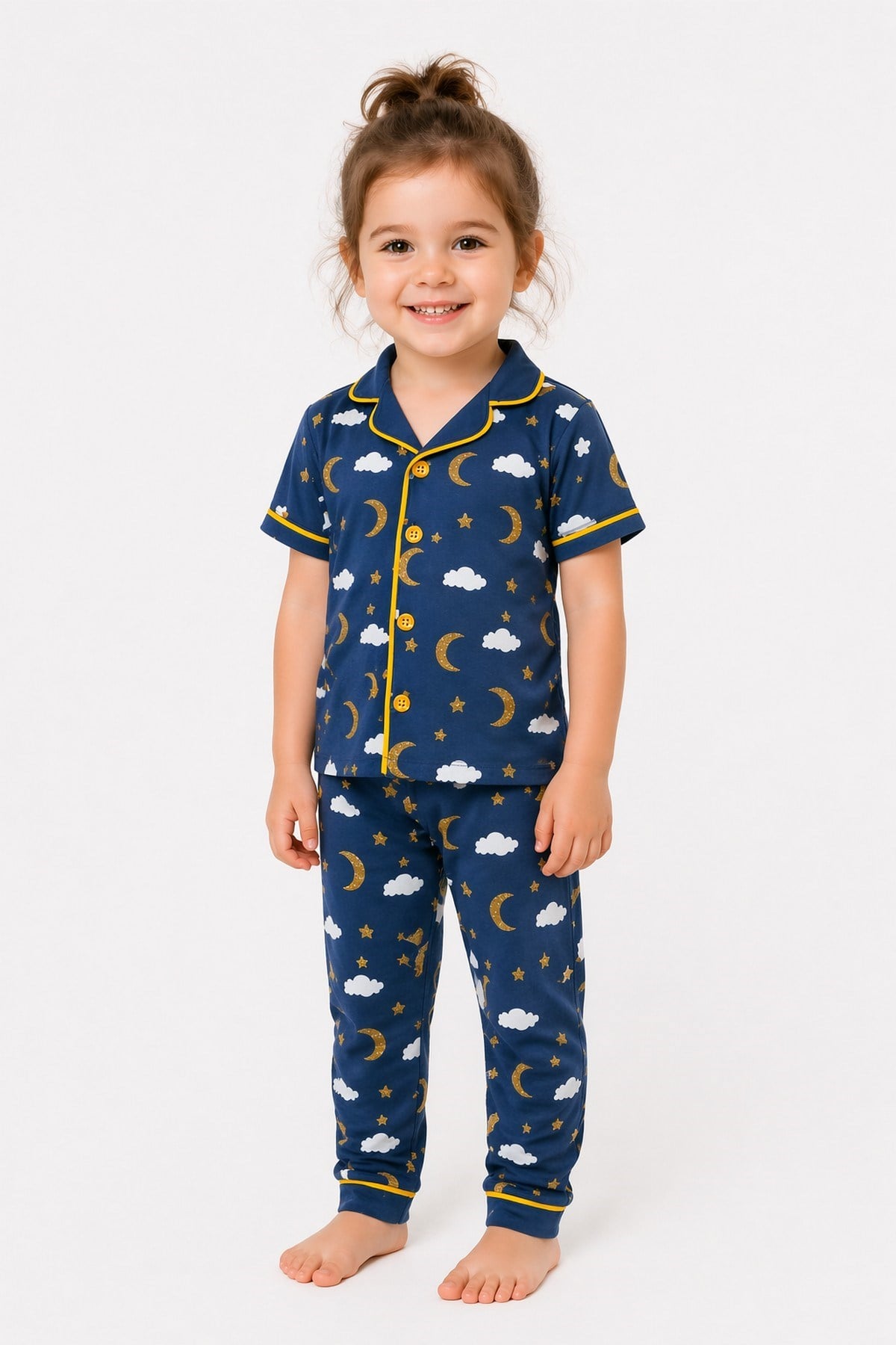 Çocuk/Bebek Unisex Parlak Ay Yıldız Bulut Desenli Kısa Kollu Pijama Takımı Yazlık 6-24aylık 3-6yaş