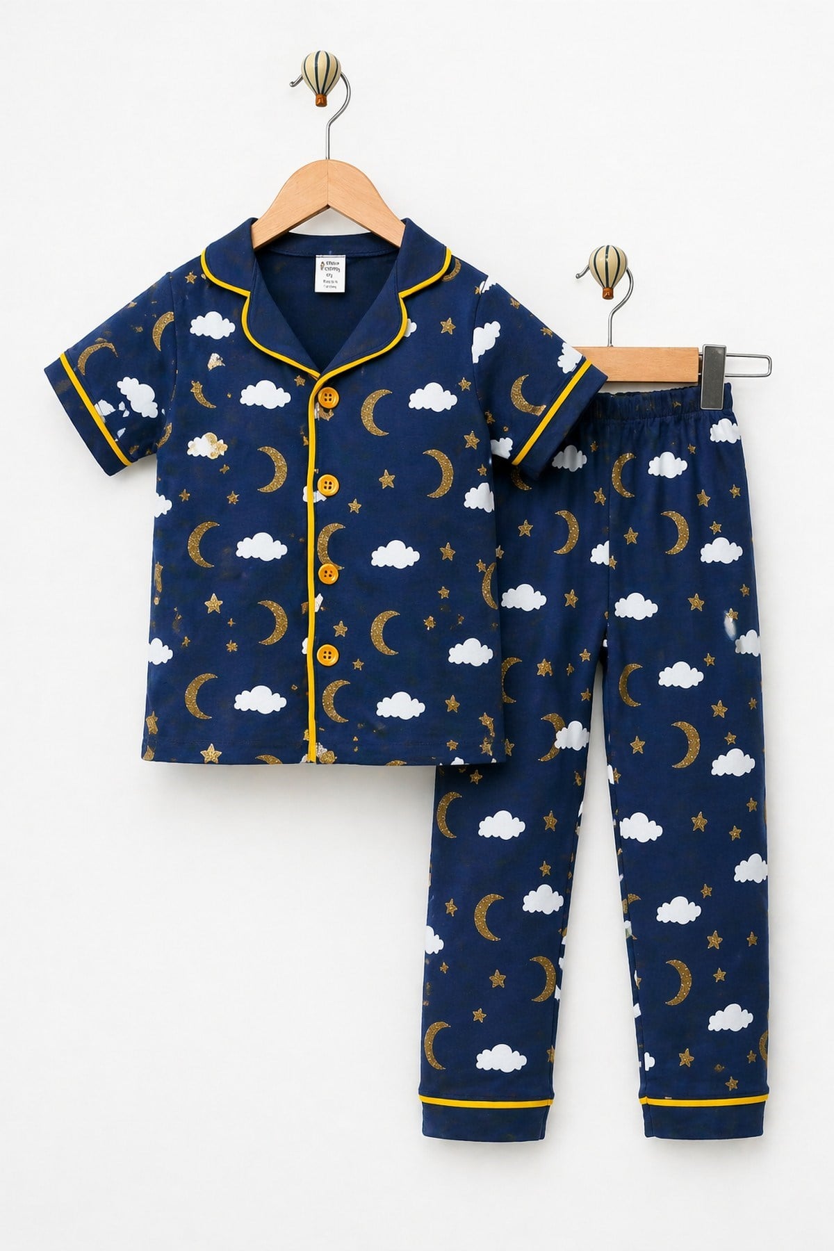 Çocuk/Bebek Unisex Parlak Ay Yıldız Bulut Desenli Kısa Kollu Pijama Takımı Yazlık 6-24aylık 3-6yaş