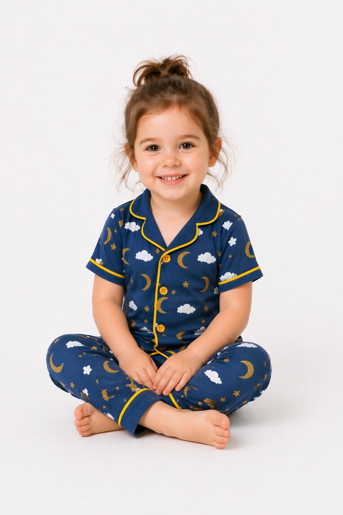 Çocuk/Bebek Unisex Parlak Ay Yıldız Bulut Desenli Kısa Kollu Pijama Takımı Yazlık 6-24aylık 3-6yaş