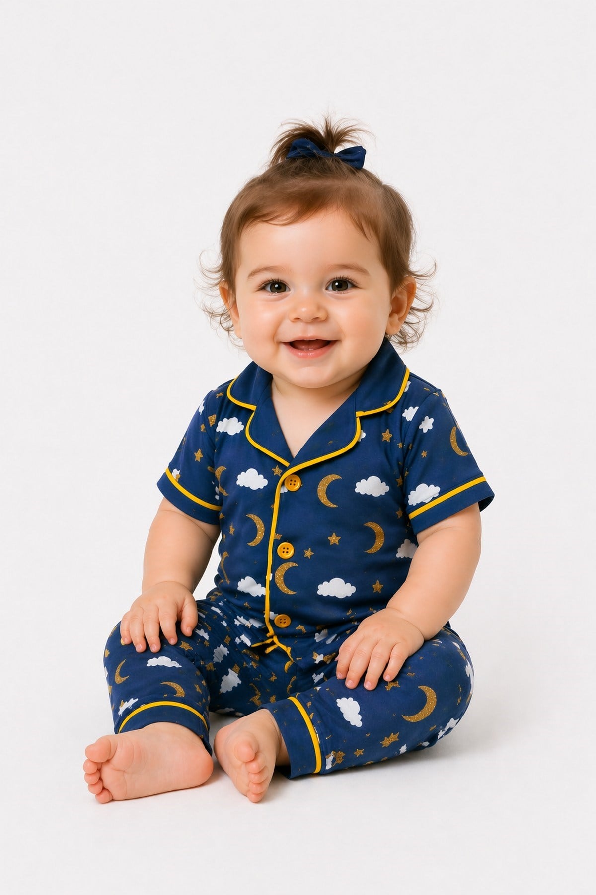 Çocuk/Bebek Unisex Parlak Ay Yıldız Bulut Desenli Kısa Kollu Pijama Takımı Yazlık 6-24aylık 3-6yaş