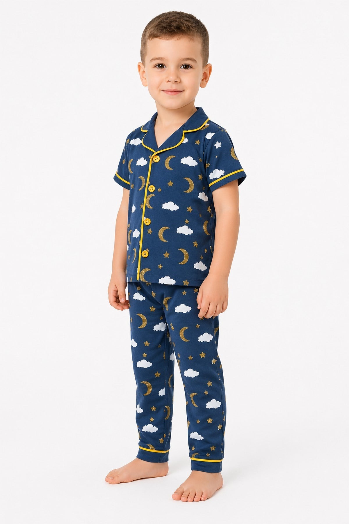 Çocuk/Bebek Unisex Parlak Ay Yıldız Bulut Desenli Kısa Kollu Pijama Takımı Yazlık 6-24aylık 3-6yaş