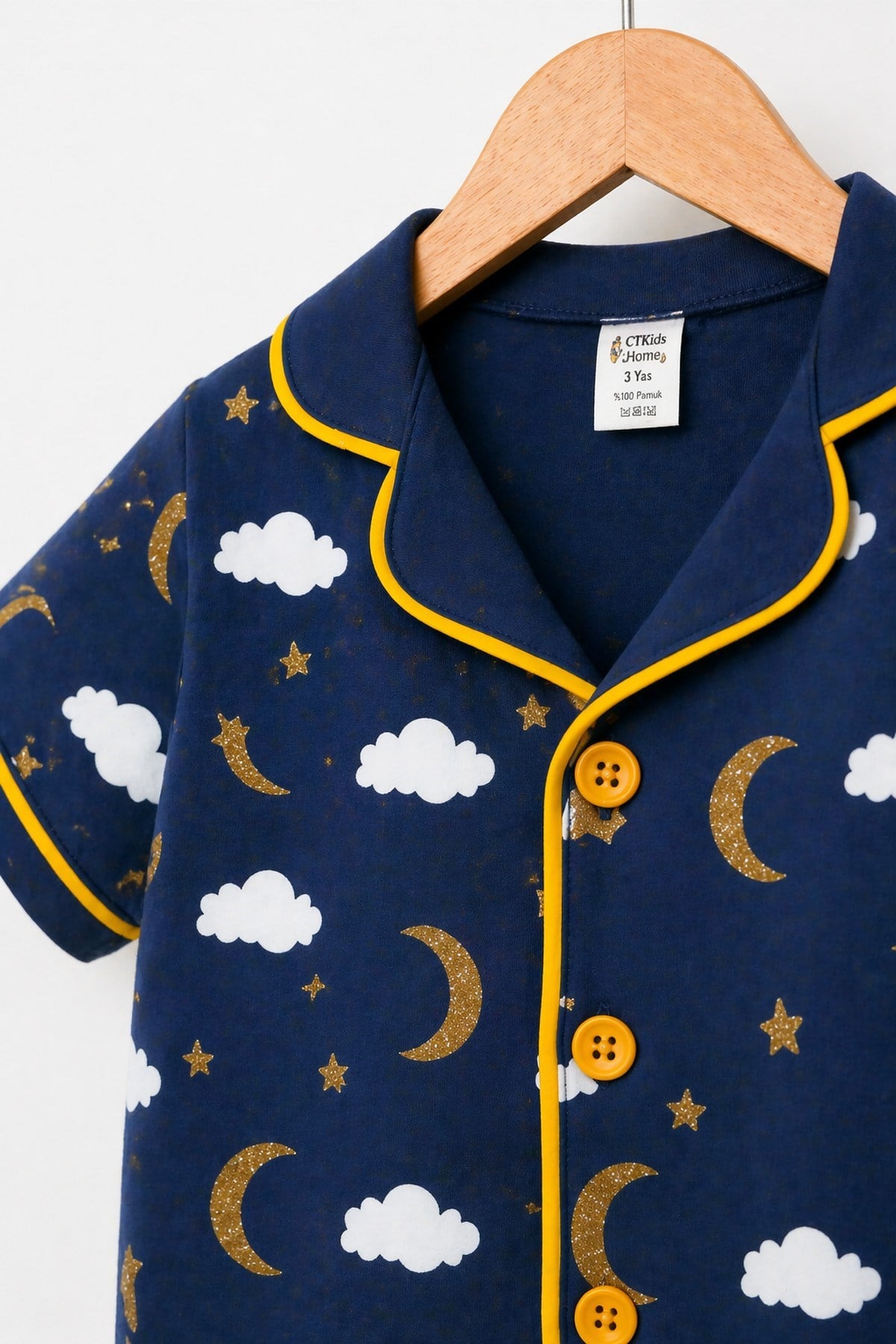 Çocuk/Bebek Unisex Parlak Ay Yıldız Bulut Desenli Kısa Kollu Pijama Takımı Yazlık 6-24aylık 3-6yaş