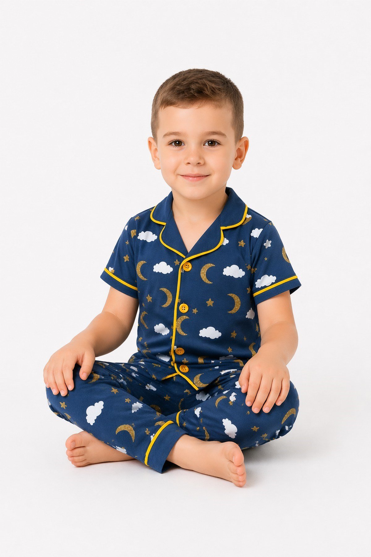 Çocuk/Bebek Unisex Parlak Ay Yıldız Bulut Desenli Kısa Kollu Pijama Takımı Yazlık 6-24aylık 3-6yaş