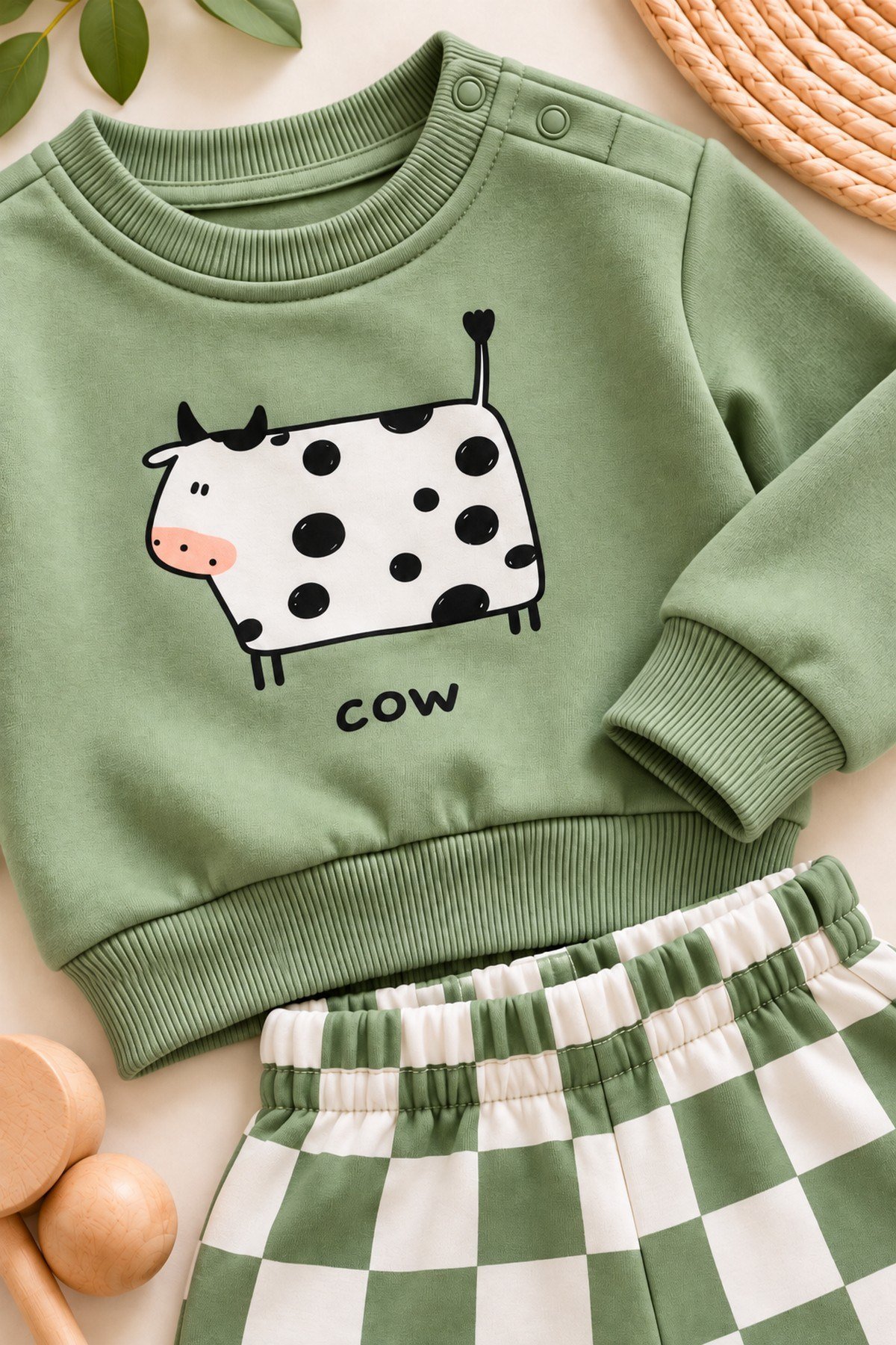 Erkek Bebek 2iplik Şardonsuz İnek Baskılı Sweatshirt ve Dama Desenli Eşofman Altı 2'li Takım Mevsimlik 6-24ay