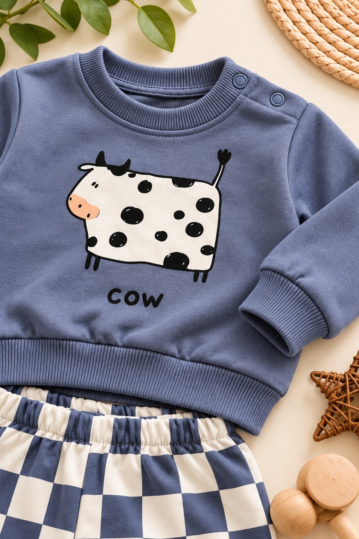 Erkek Bebek 2iplik Şardonsuz İnek Baskılı Sweatshirt ve Dama Desenli Eşofman Altı 2'li Takım Mevsimlik 6-24ay