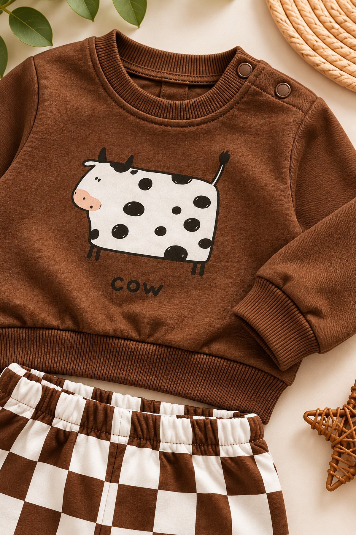 Erkek Bebek 2iplik Şardonsuz İnek Baskılı Sweatshirt ve Dama Desenli Eşofman Altı 2'li Takım Mevsimlik 6-24ay