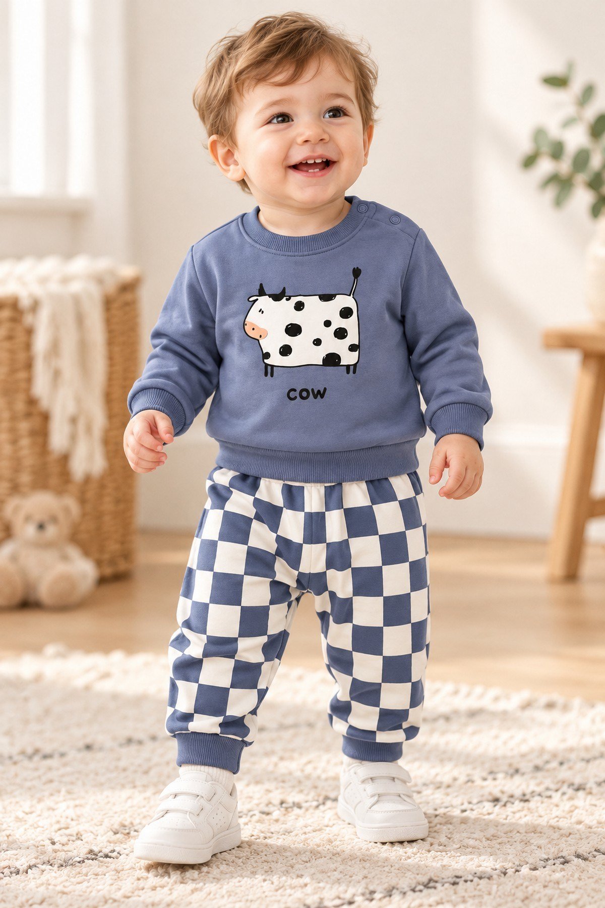 Erkek Bebek 2iplik Şardonsuz İnek Baskılı Sweatshirt ve Dama Desenli Eşofman Altı 2'li Takım Mevsimlik 6-24ay