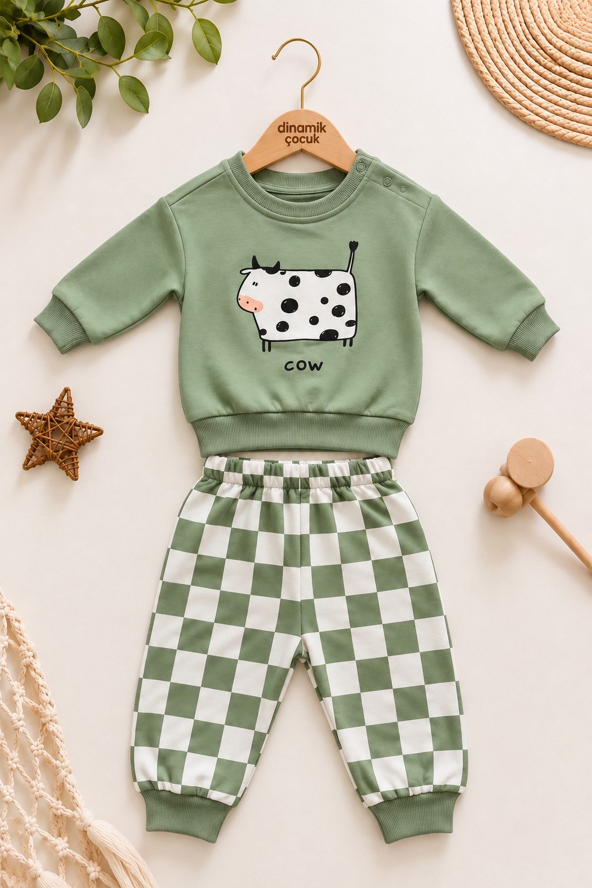 Erkek Bebek 2iplik Şardonsuz İnek Baskılı Sweatshirt ve Dama Desenli Eşofman Altı 2'li Takım Mevsimlik 6-24ay
