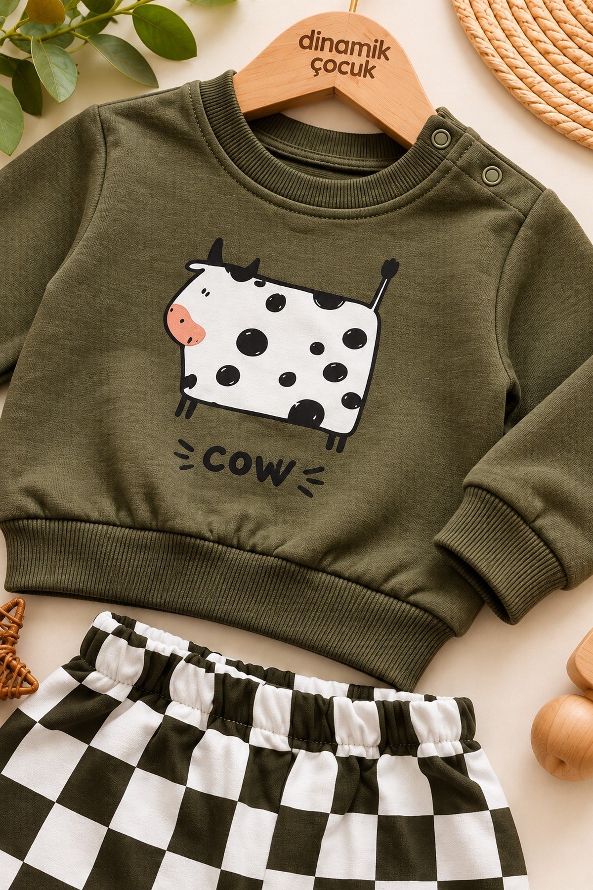 Erkek Bebek 2iplik Şardonsuz İnek Baskılı Sweatshirt ve Dama Desenli Eşofman Altı 2'li Takım Mevsimlik 6-24ay