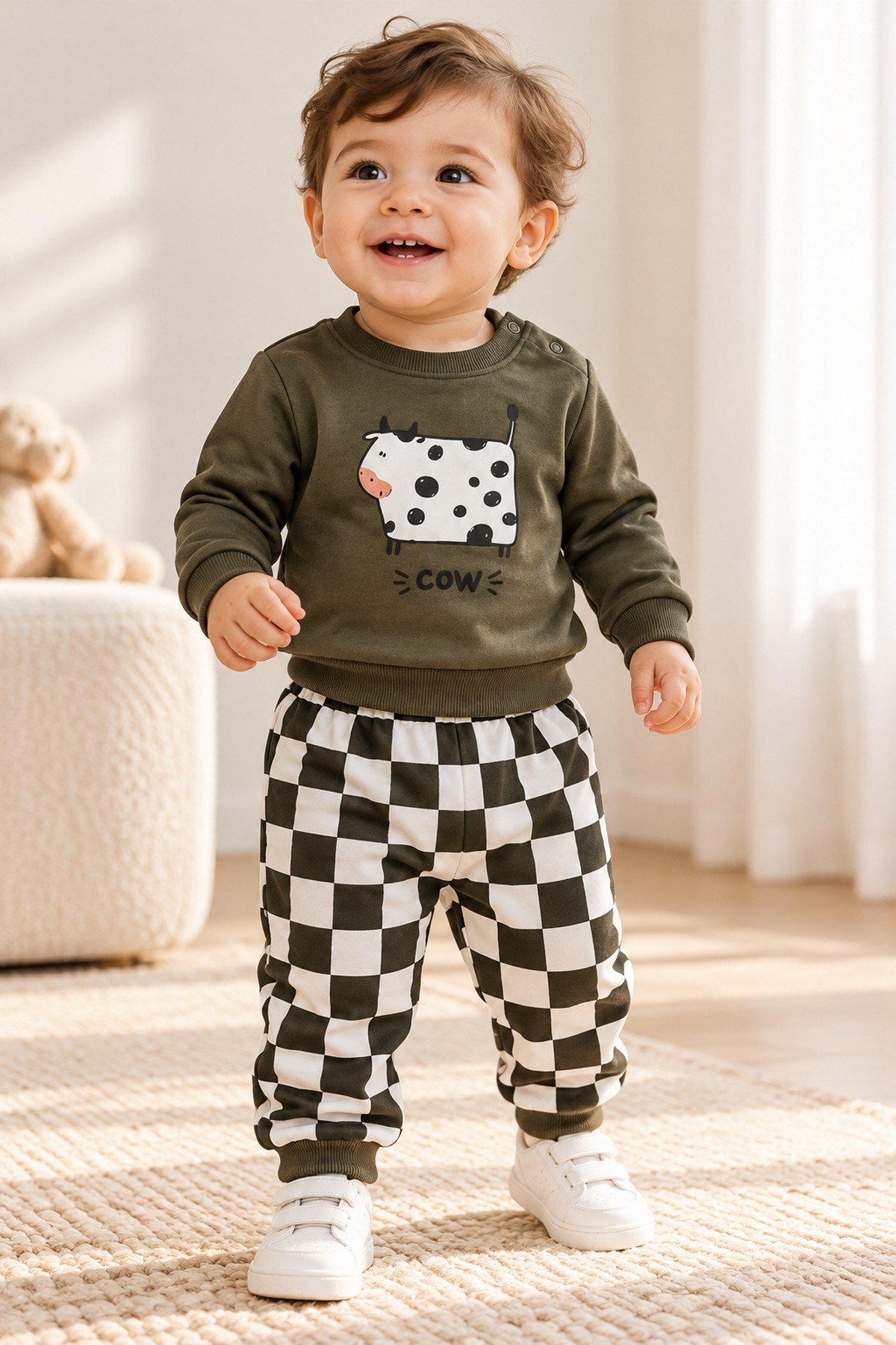 Erkek Bebek 2iplik Şardonsuz İnek Baskılı Sweatshirt ve Dama Desenli Eşofman Altı 2'li Takım Mevsimlik 6-24ay