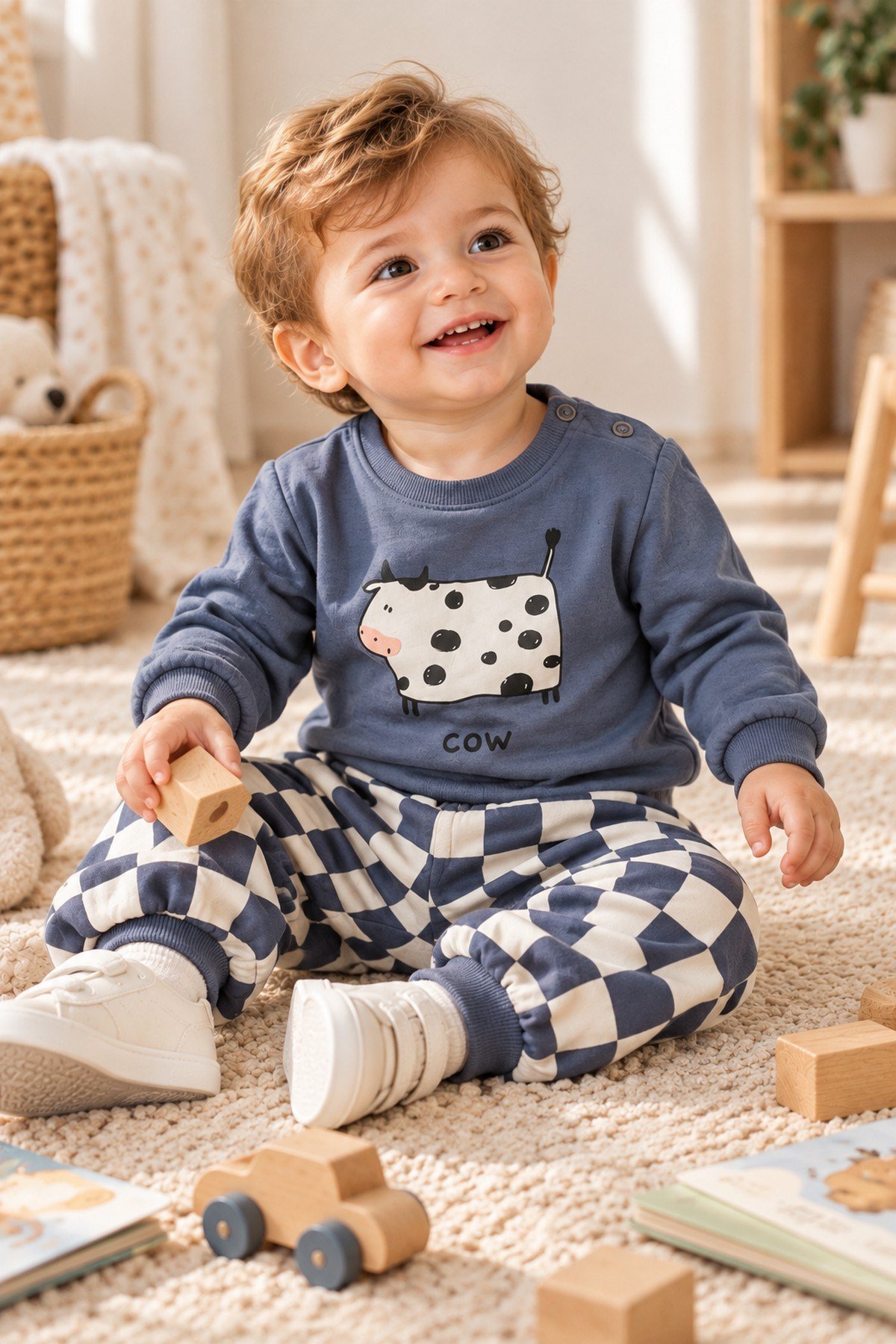 Erkek Bebek 2iplik Şardonsuz İnek Baskılı Sweatshirt ve Dama Desenli Eşofman Altı 2'li Takım Mevsimlik 6-24ay