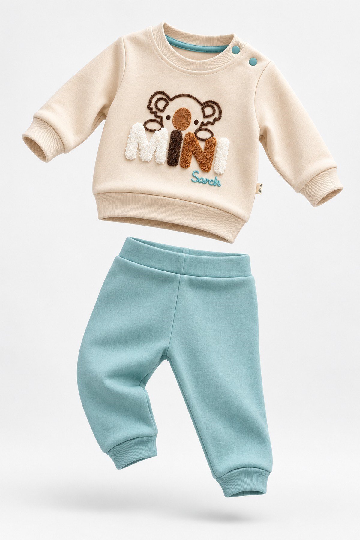 Erkek Bebek 2'li Alt Üst Takım Ayıcık Mini Nakışlı Sweatshirt Lastikli Alt Eşofman 6-24ay