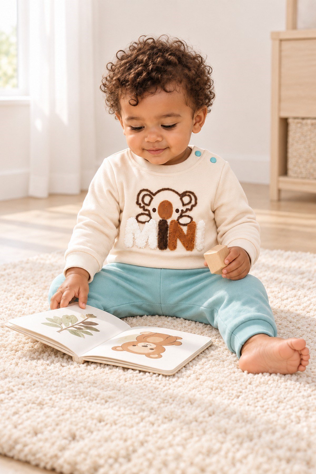 Erkek Bebek 2'li Alt Üst Takım Ayıcık Mini Nakışlı Sweatshirt Lastikli Alt Eşofman 6-24ay