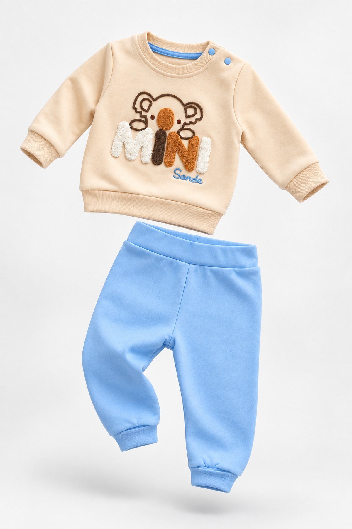 Erkek Bebek 2'li Alt Üst Takım Ayıcık Mini Nakışlı Sweatshirt Lastikli Alt Eşofman 6-24ay
