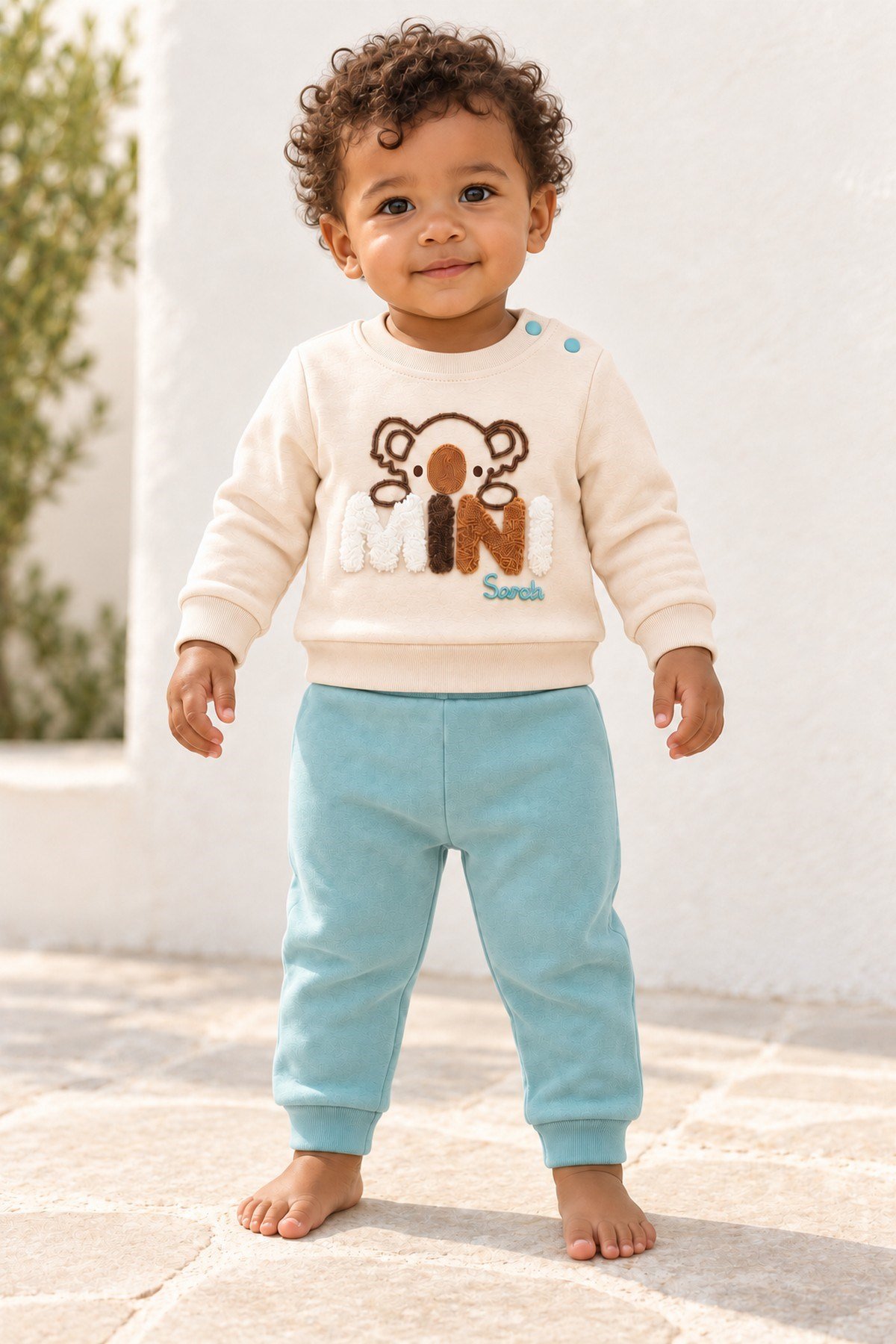 Erkek Bebek 2'li Alt Üst Takım Ayıcık Mini Nakışlı Sweatshirt Lastikli Alt Eşofman 6-24ay