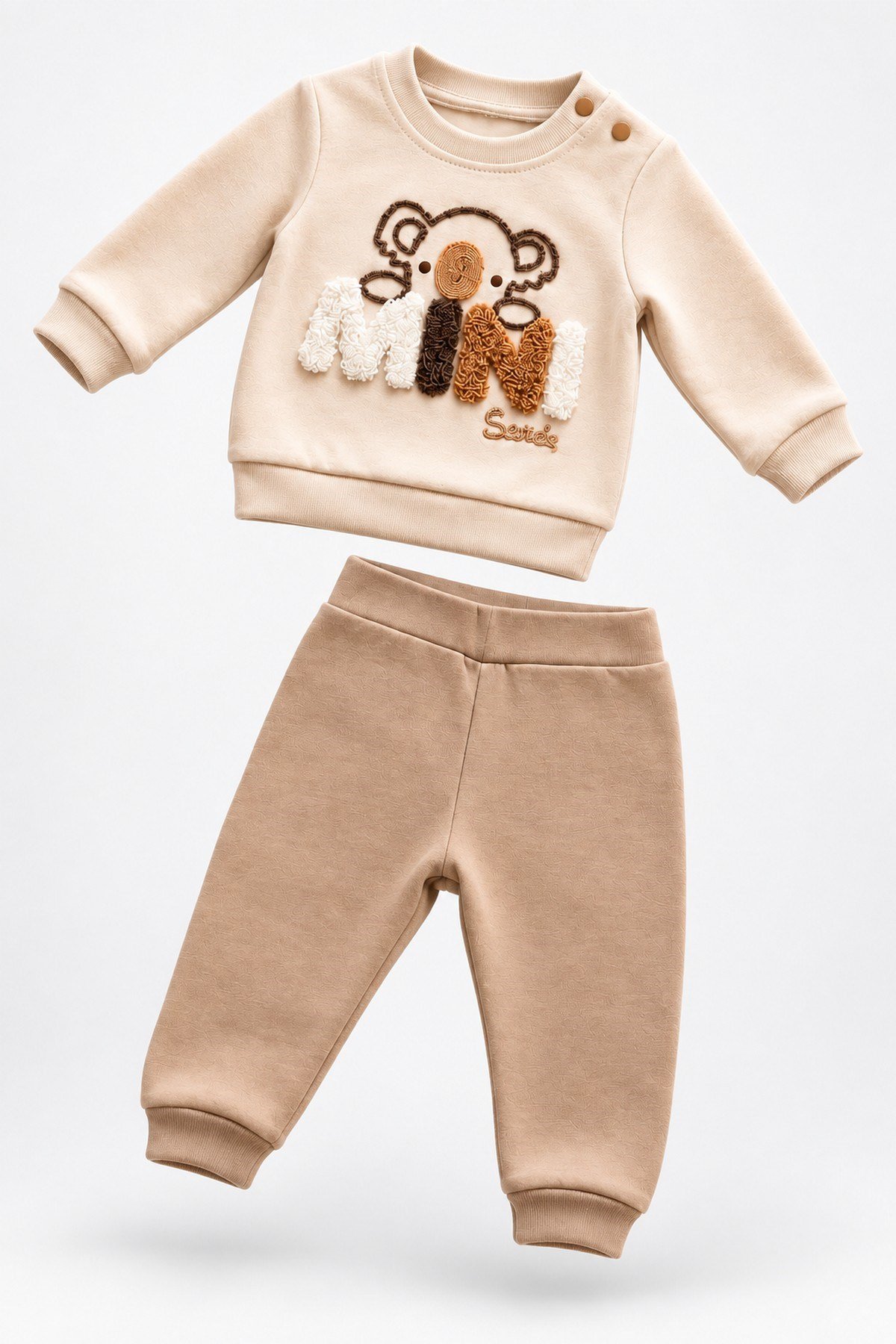 Erkek Bebek 2'li Alt Üst Takım Ayıcık Mini Nakışlı Sweatshirt Lastikli Alt Eşofman 6-24ay