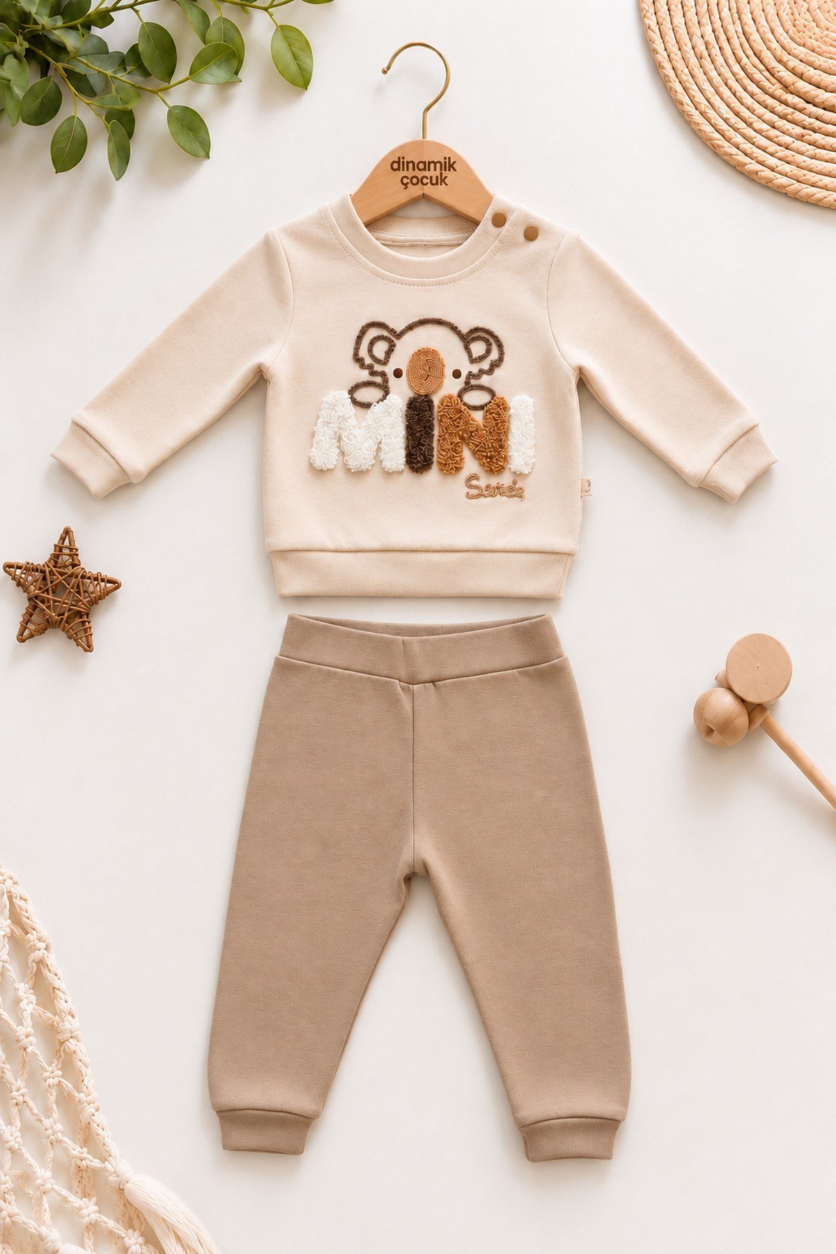 Erkek Bebek 2'li Alt Üst Takım Ayıcık Mini Nakışlı Sweatshirt Lastikli Alt Eşofman 6-24ay