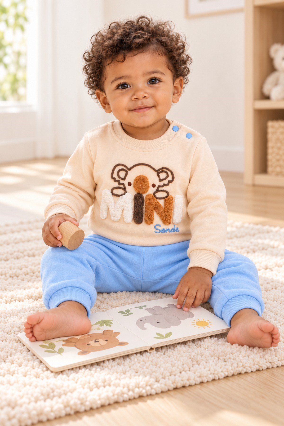 Erkek Bebek 2'li Alt Üst Takım Ayıcık Mini Nakışlı Sweatshirt Lastikli Alt Eşofman 6-24ay