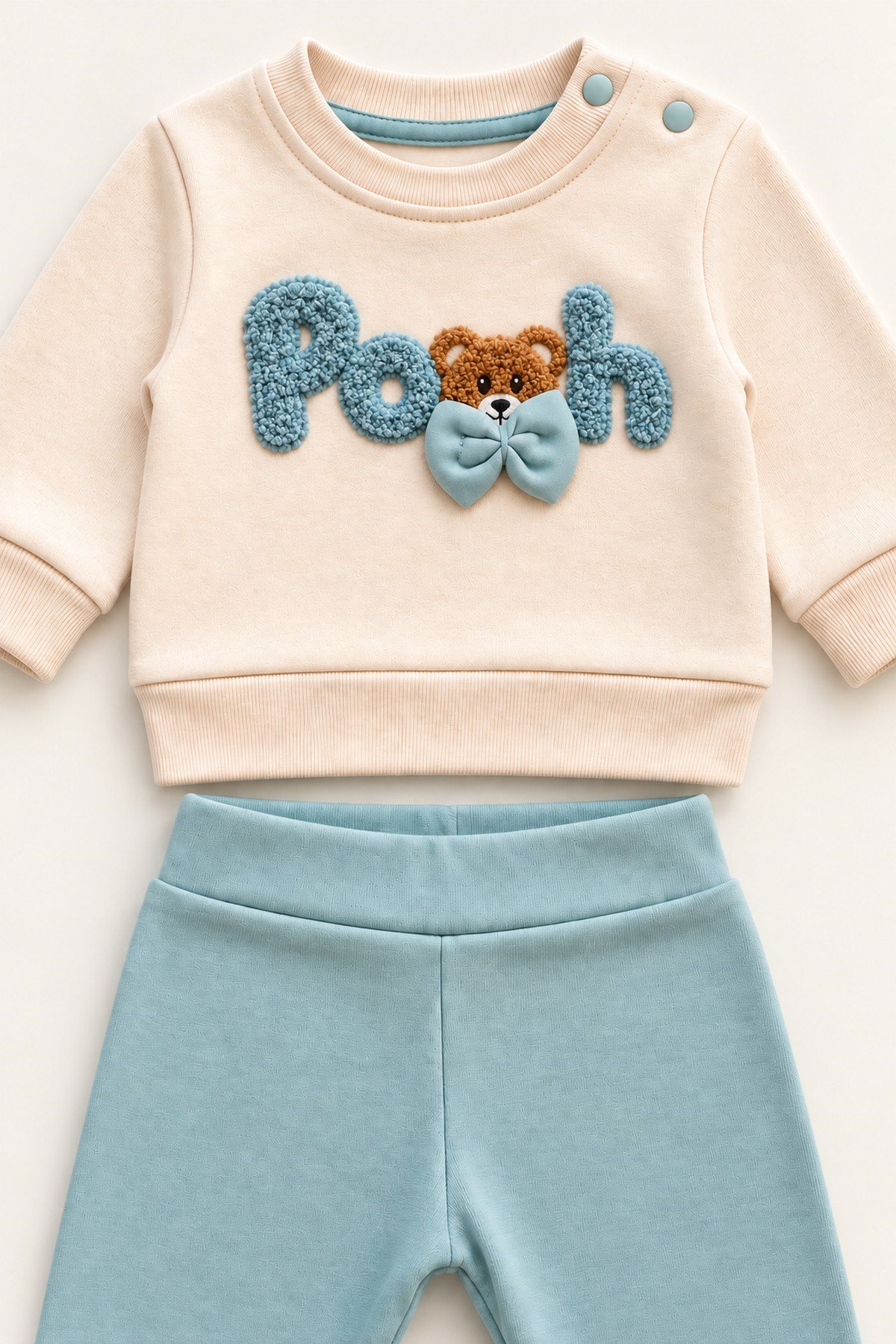 Erkek Bebek 2'li Takım Pooh Ayıcık Papyon Nakışlı Omuz Çıtçıtlı Sweatshirt Eşofman Alt 2li Takım 6-24ay
