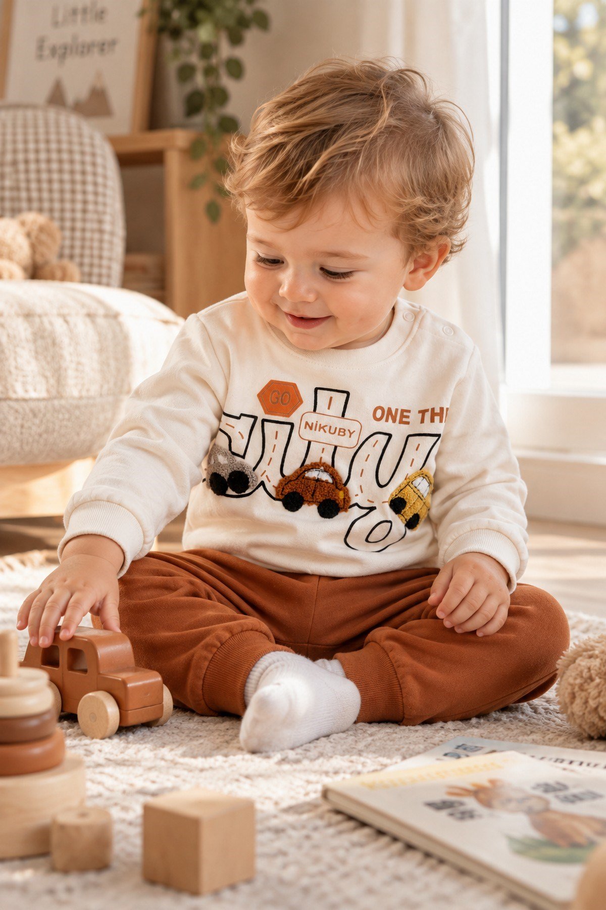 Erkek Bebek 3D Araba Aplikeli Sweatshirt Mevsimlik Alt Üst 2'li Takım 3-6-9-12aylık