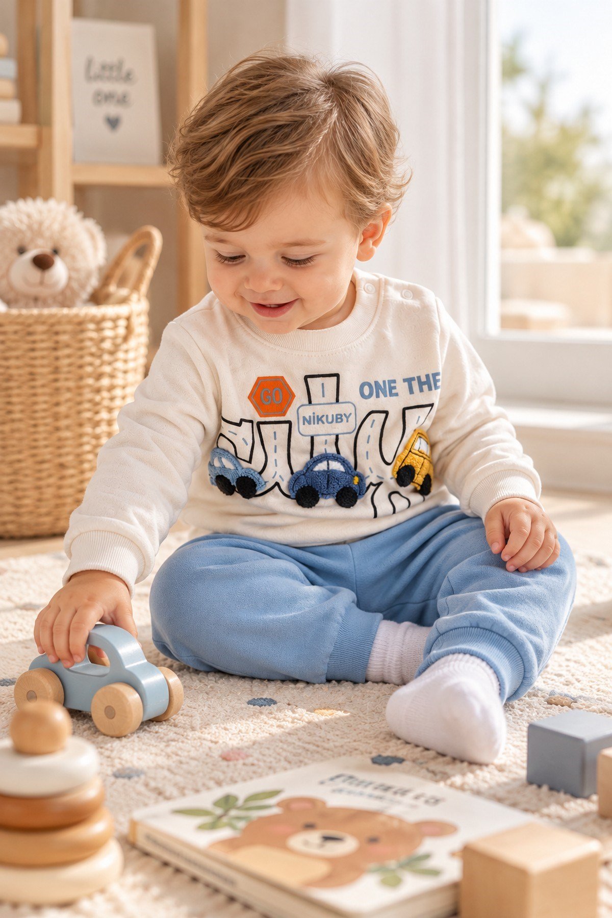 Erkek Bebek 3D Araba Aplikeli Sweatshirt Mevsimlik Alt Üst 2'li Takım 3-6-9-12aylık