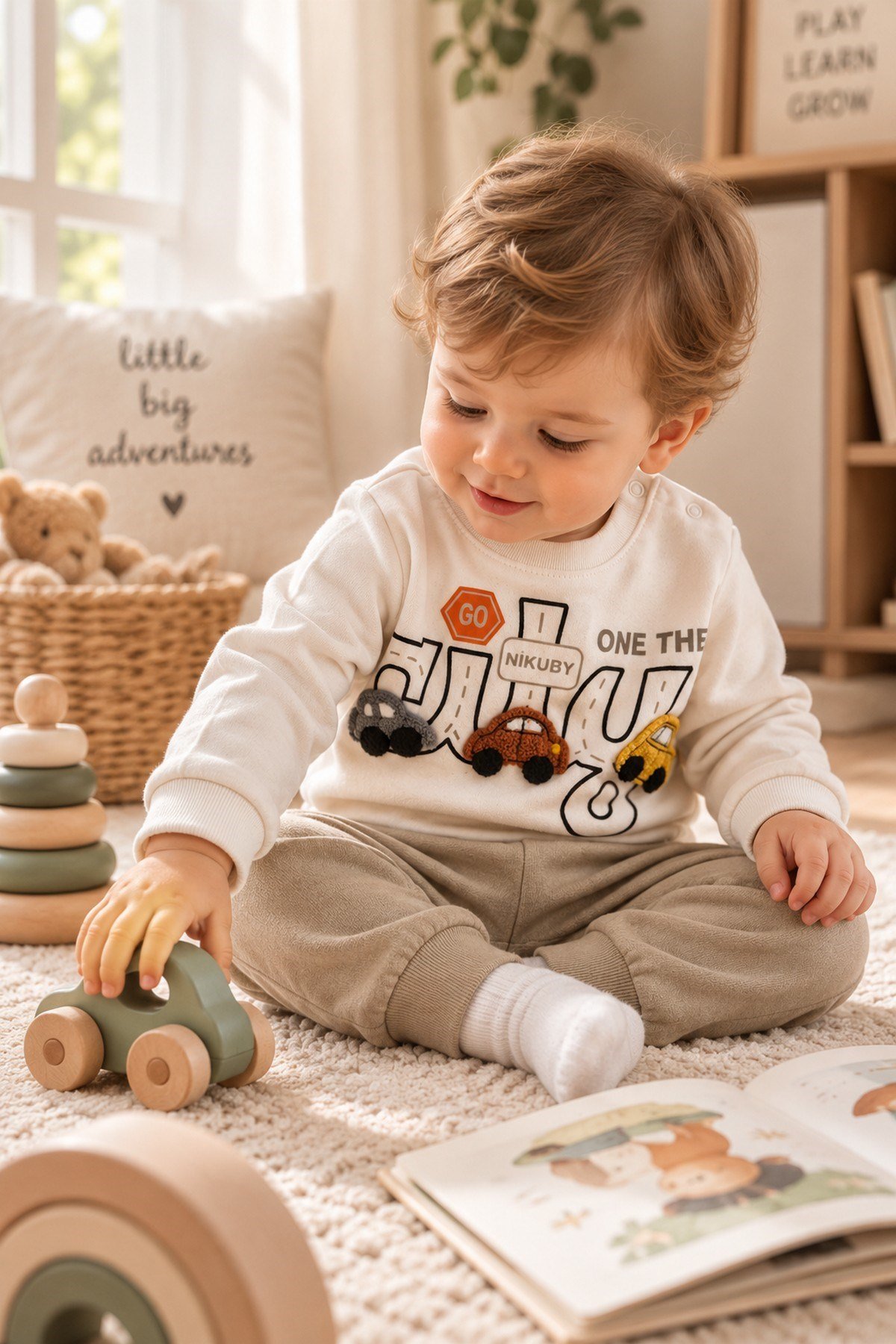 Erkek Bebek 3D Araba Aplikeli Sweatshirt Mevsimlik Alt Üst 2'li Takım 3-6-9-12aylık