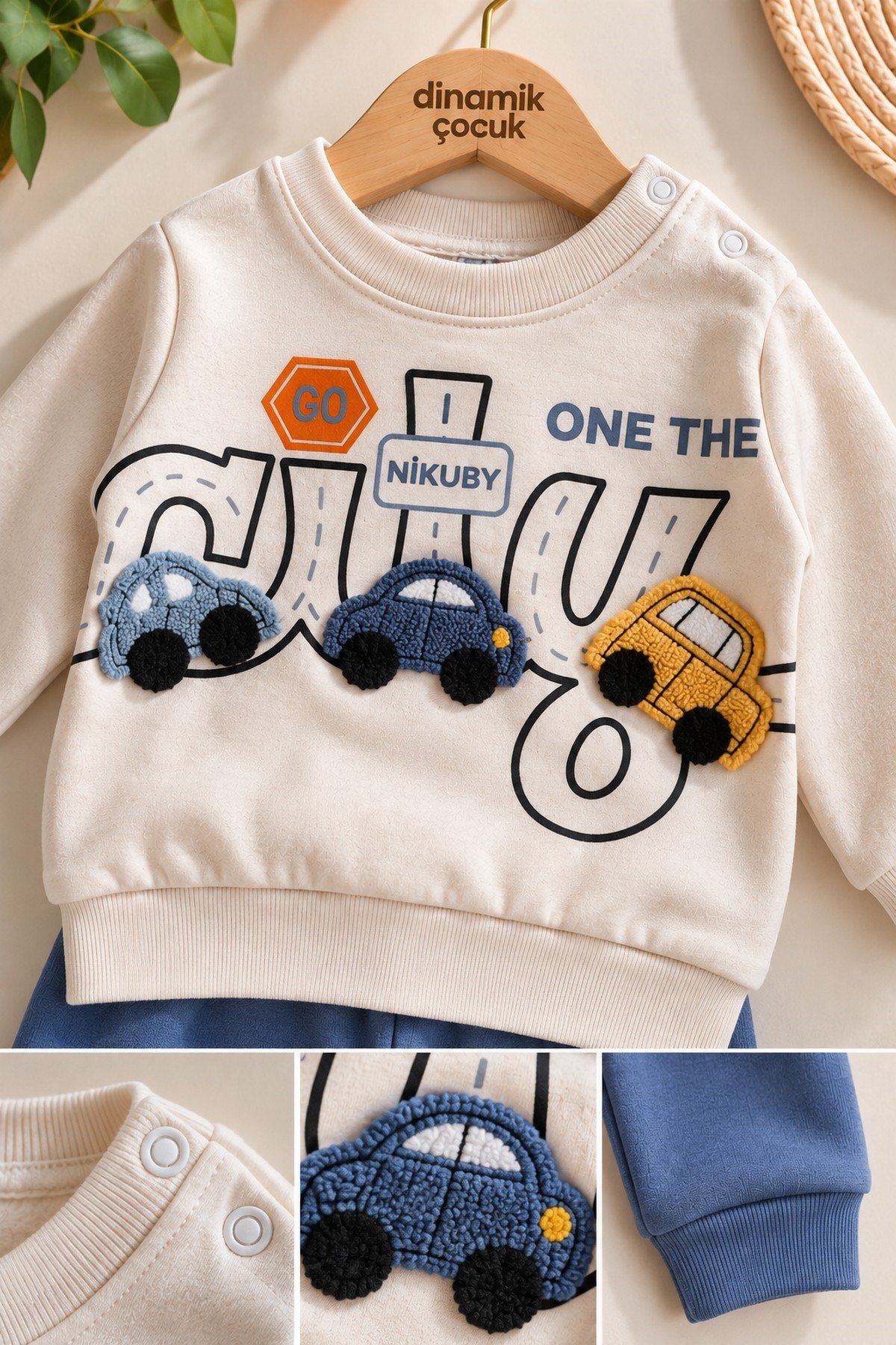 Erkek Bebek 3D Araba Aplikeli Sweatshirt Mevsimlik Alt Üst 2'li Takım 3-6-9-12aylık