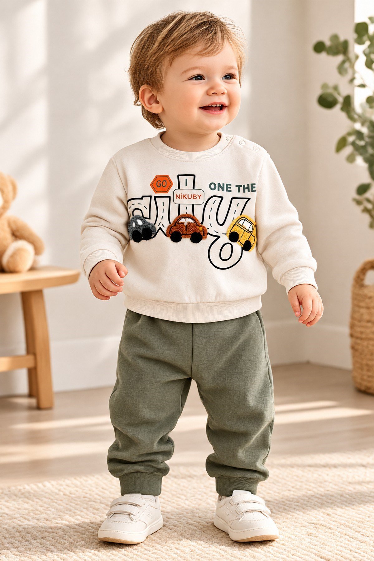 Erkek Bebek 3D Araba Aplikeli Sweatshirt Mevsimlik Alt Üst 2'li Takım 3-6-9-12aylık
