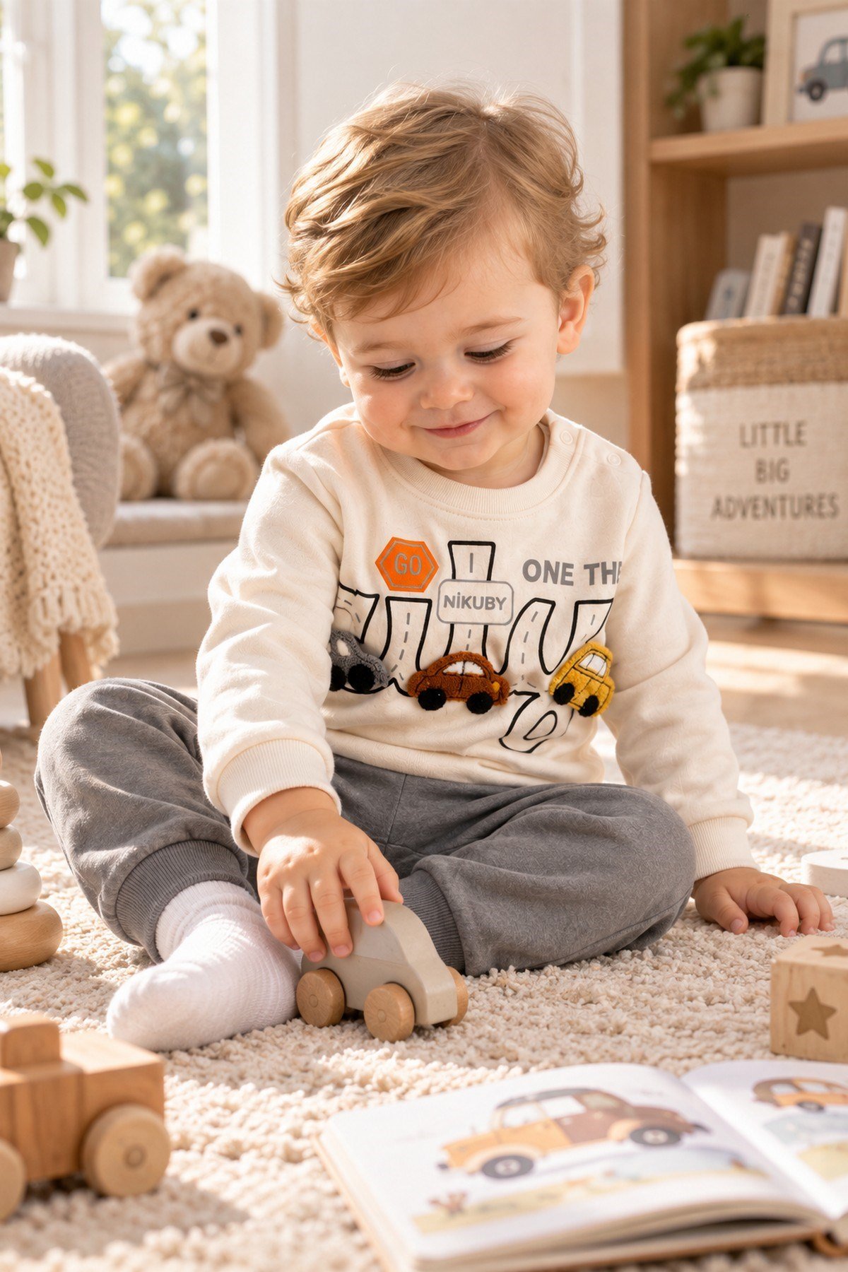 Erkek Bebek 3D Araba Aplikeli Sweatshirt Mevsimlik Alt Üst 2'li Takım 3-6-9-12aylık
