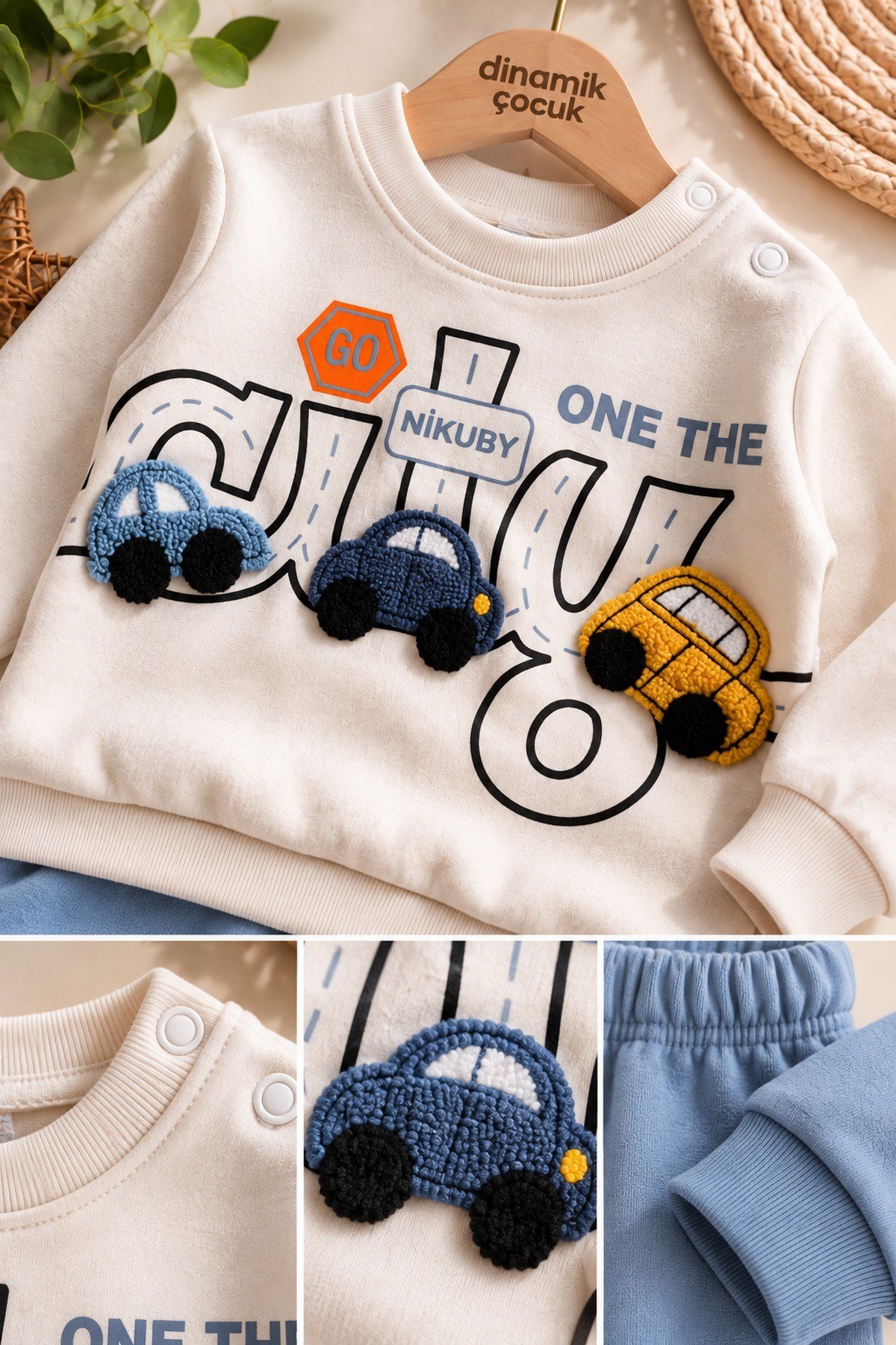 Erkek Bebek 3D Araba Aplikeli Sweatshirt Mevsimlik Alt Üst 2'li Takım 3-6-9-12aylık