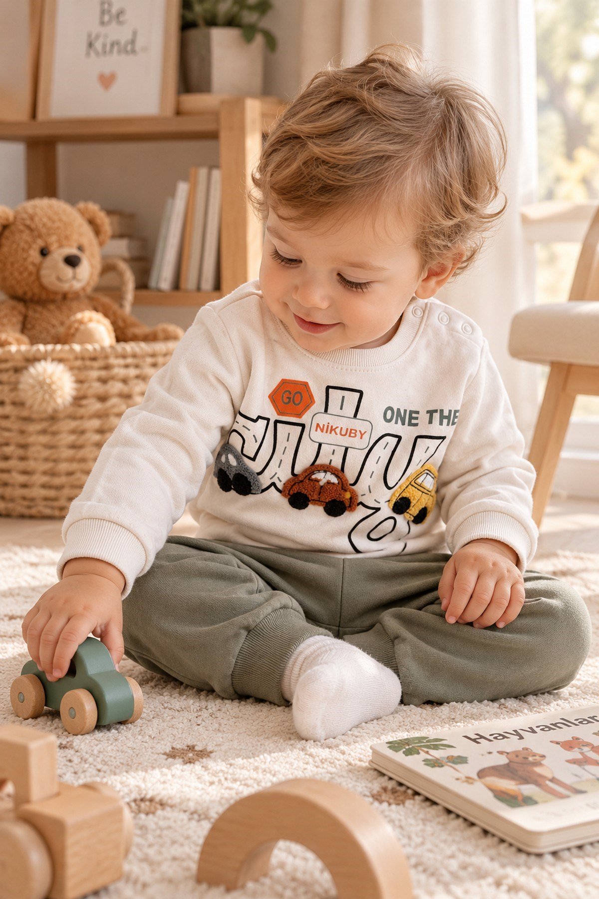 Erkek Bebek 3D Araba Aplikeli Sweatshirt Mevsimlik Alt Üst 2'li Takım 3-6-9-12aylık