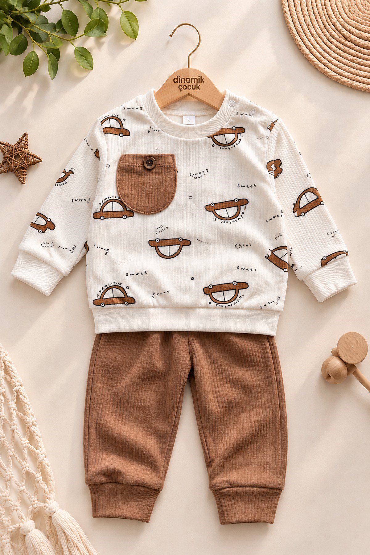 Erkek Bebek Araba Desenli Cepli Uzun Kollu Alt Üst 2'li Takım 6-9-12-18aylık