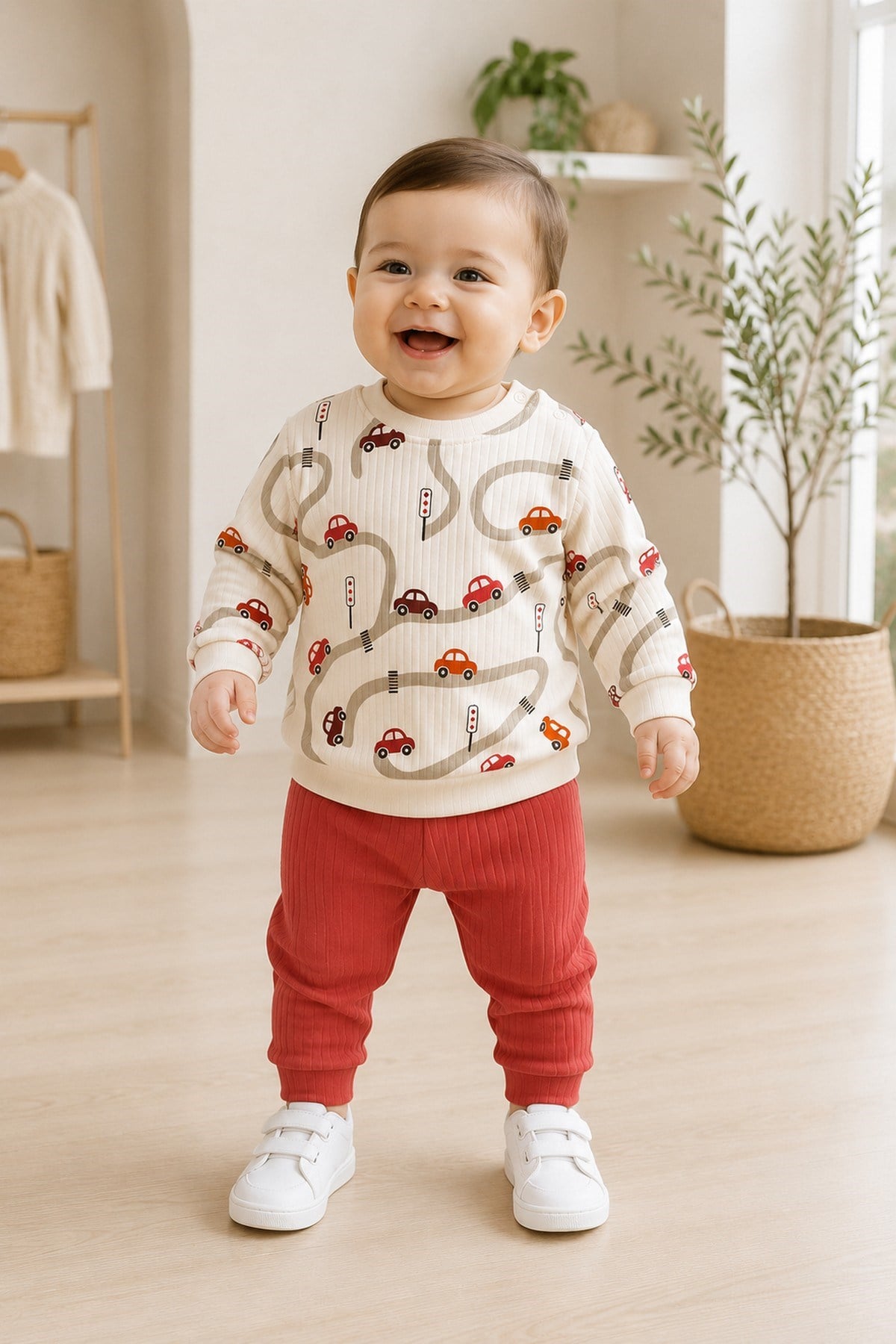 Erkek Bebek Araba Desenli Ribanalı Alt Üst Takım 3-6-9-12 Aylık