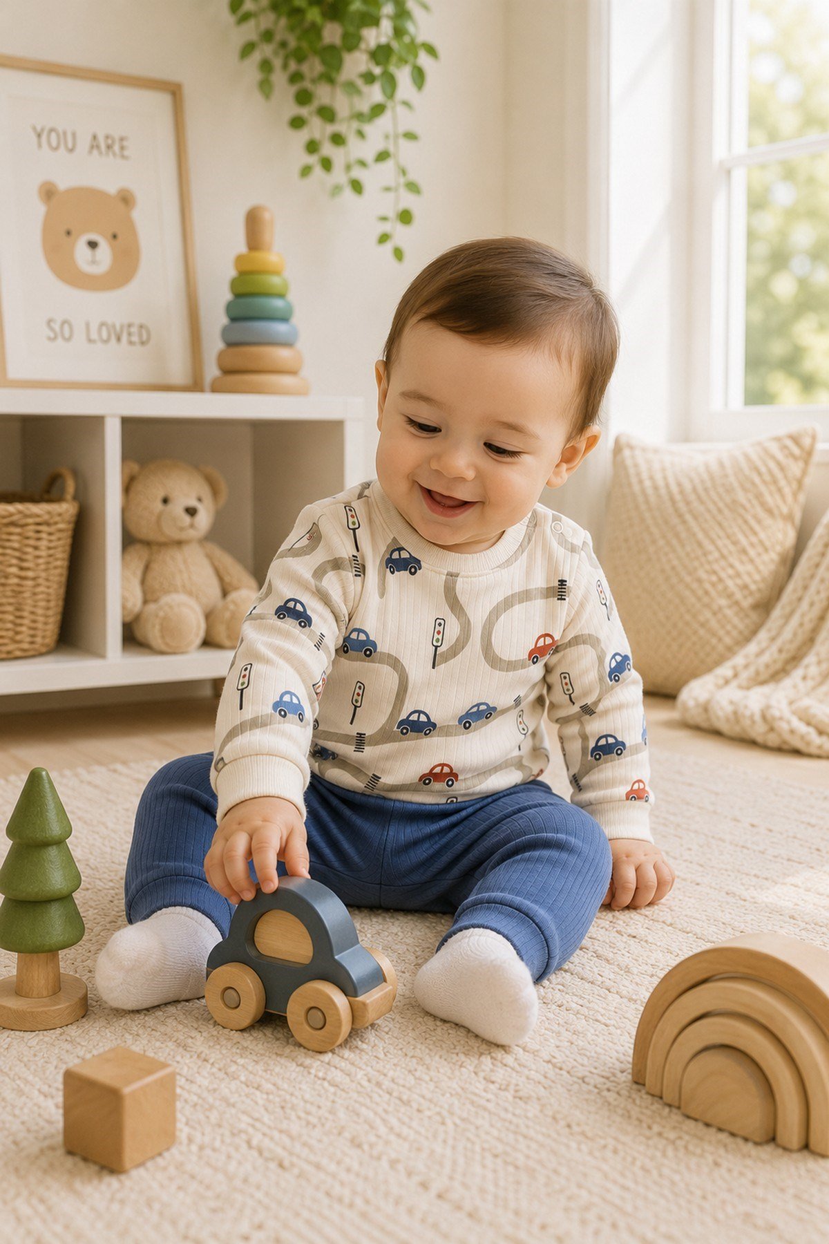 Erkek Bebek Araba Desenli Ribanalı Alt Üst Takım 3-6-9-12 Aylık